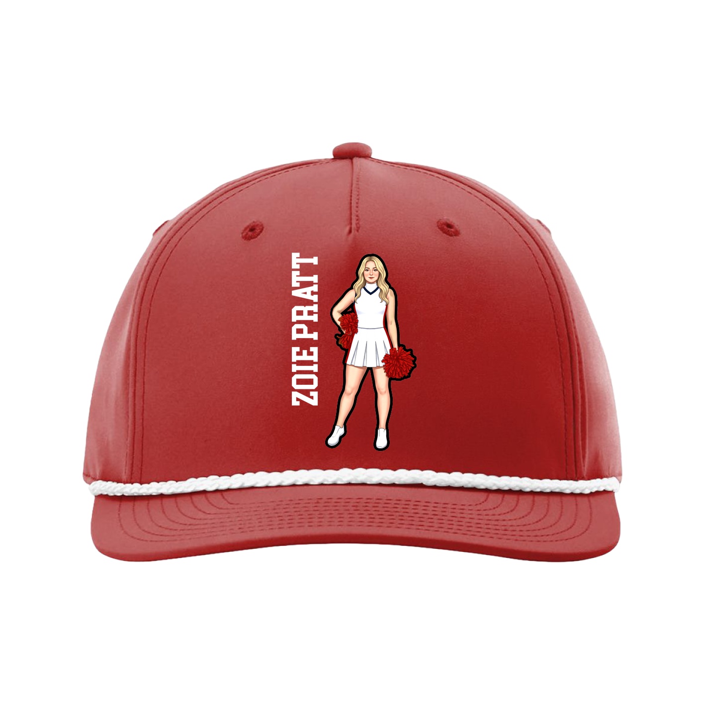 Five-Panel Classic Rope Cap — Name Vertical in Red
