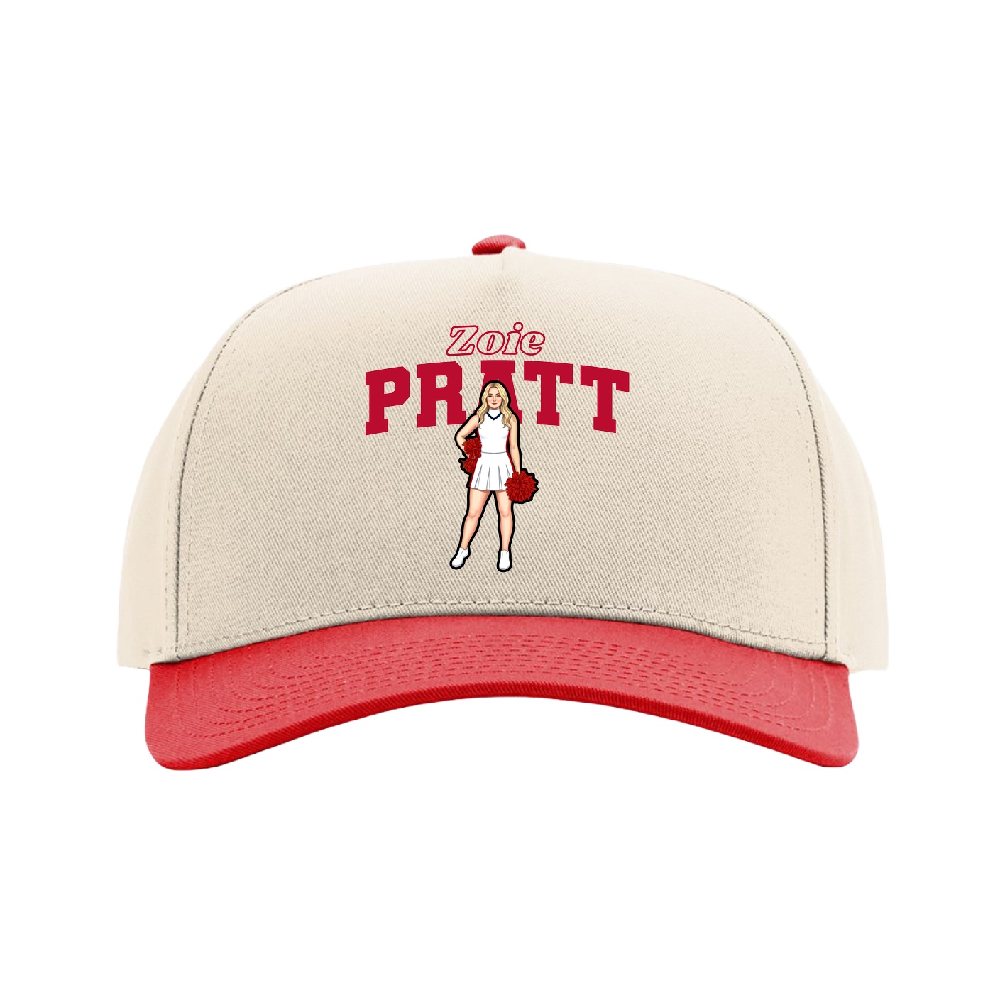 Full Fabric Five-Panel Champ Cap — Name Arch in Cream/Red