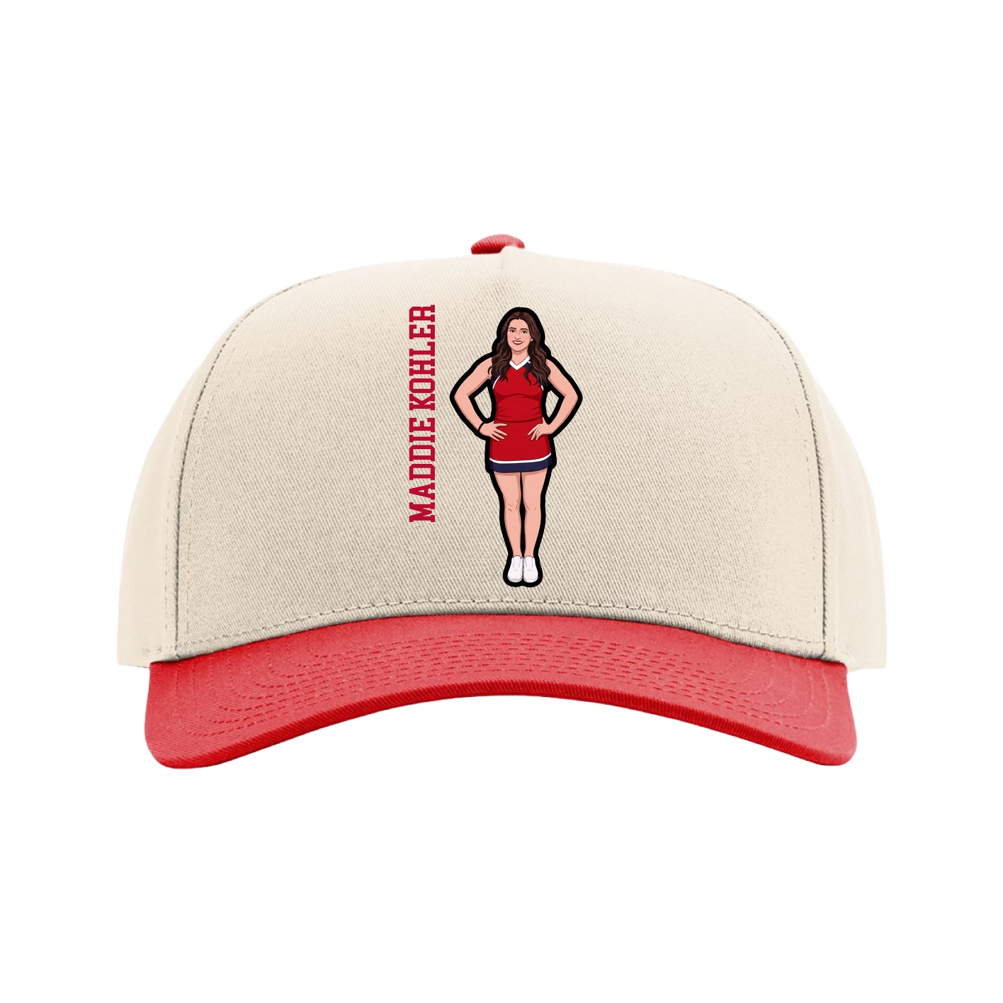 Full Fabric Five-Panel Champ Cap — Name Vertical in Cream/Red