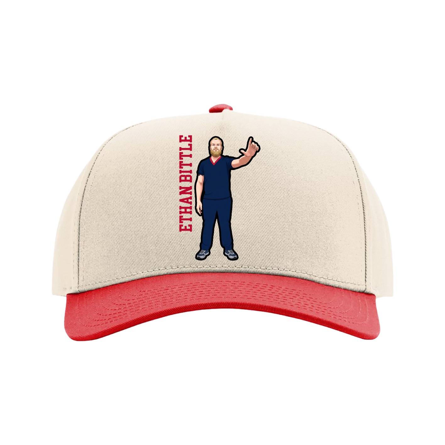 Full Fabric Five-Panel Champ Cap — Name Vertical in Cream/Red