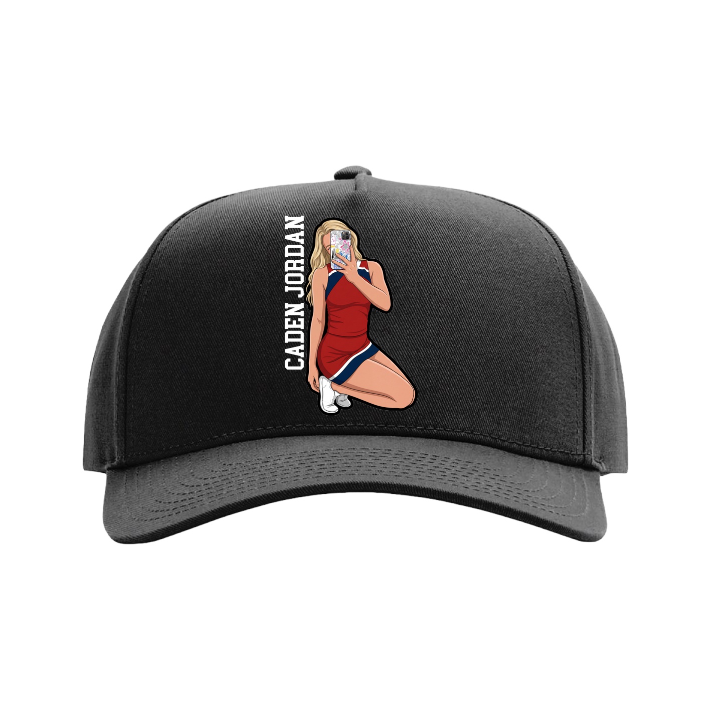 Full Fabric Five-Panel Champ Cap — Name Vertical in Black