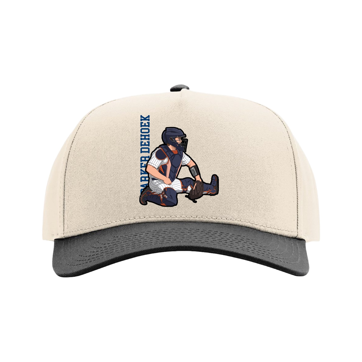 Full Fabric Five-Panel Champ Cap — Name Vertical in Cream/Black