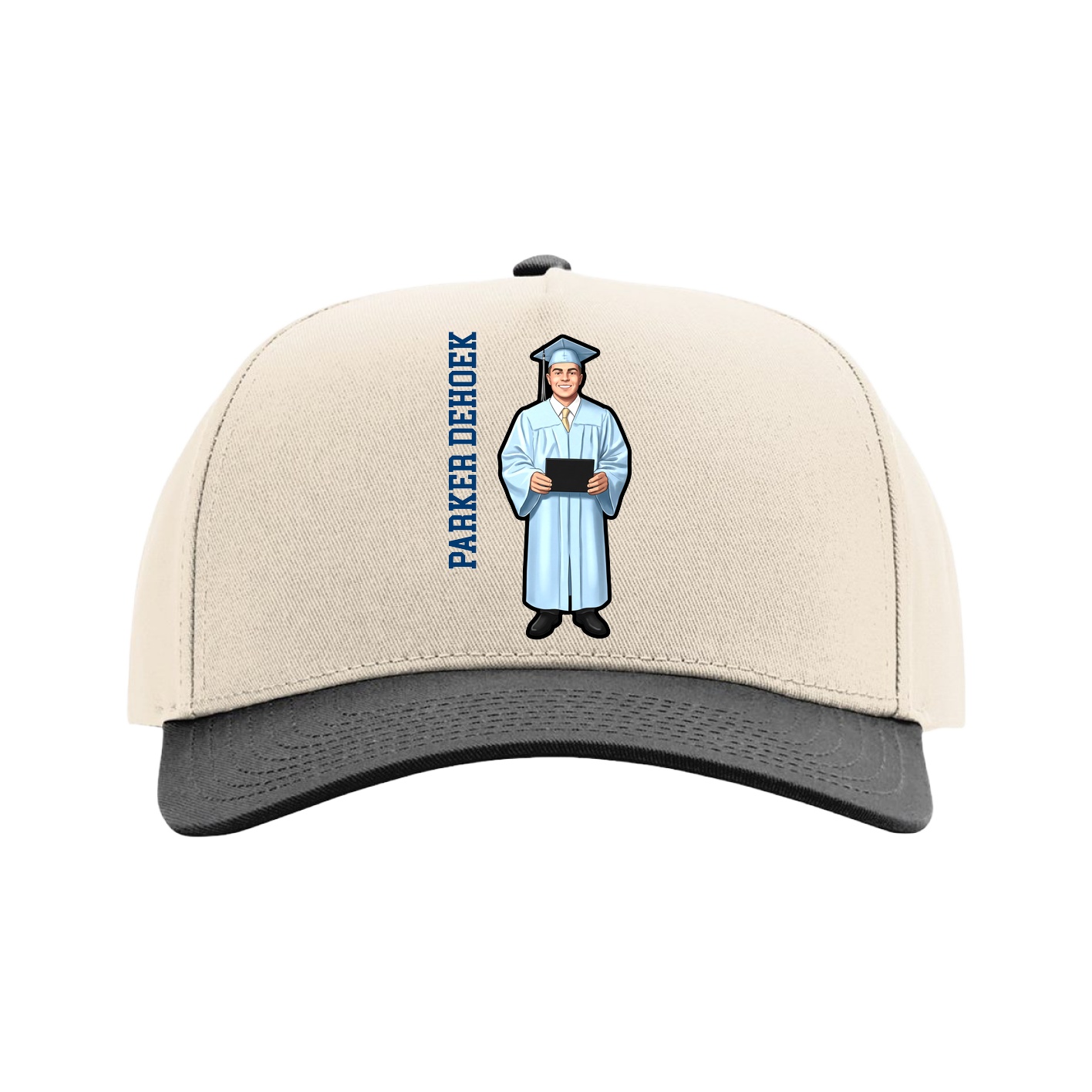 Full Fabric Five-Panel Champ Cap — Name Vertical in Cream/Black