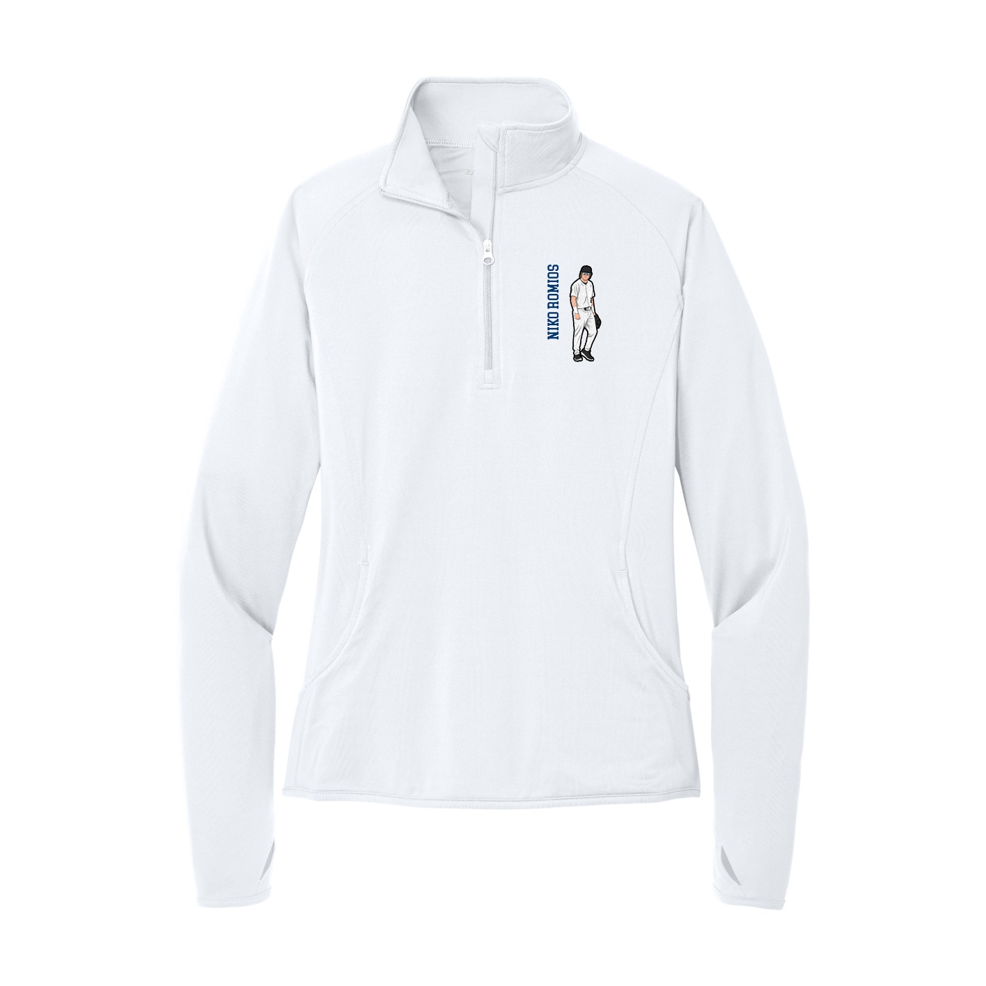 Women's Q-Zip Pullover — Name Vertical in White