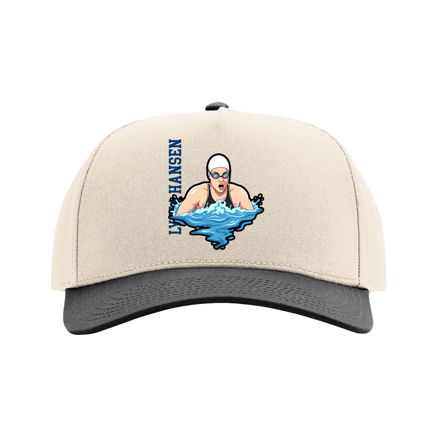 Full Fabric Five-Panel Champ Cap — Name Vertical in Cream/Black
