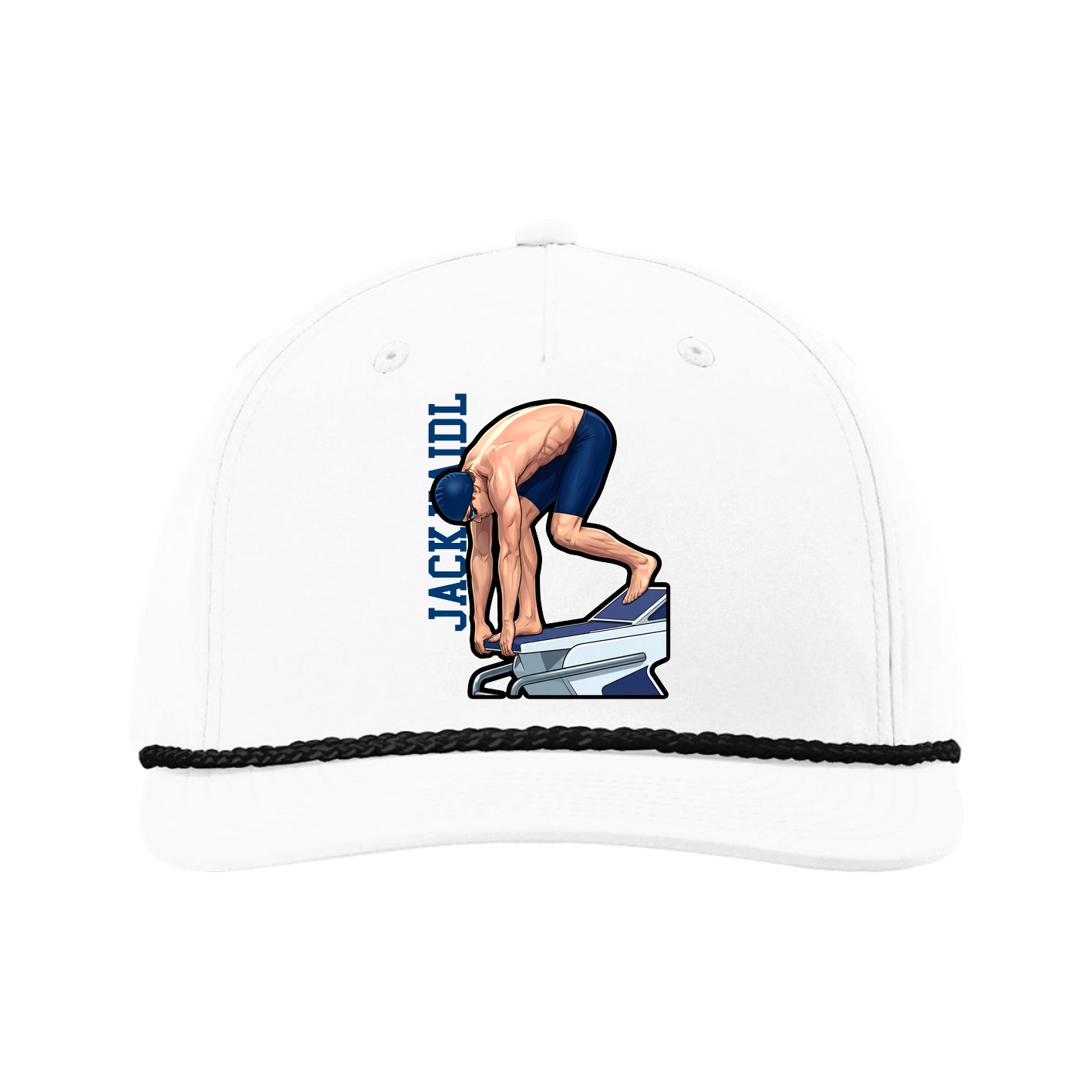Five-Panel Classic Rope Cap — Name Vertical in White