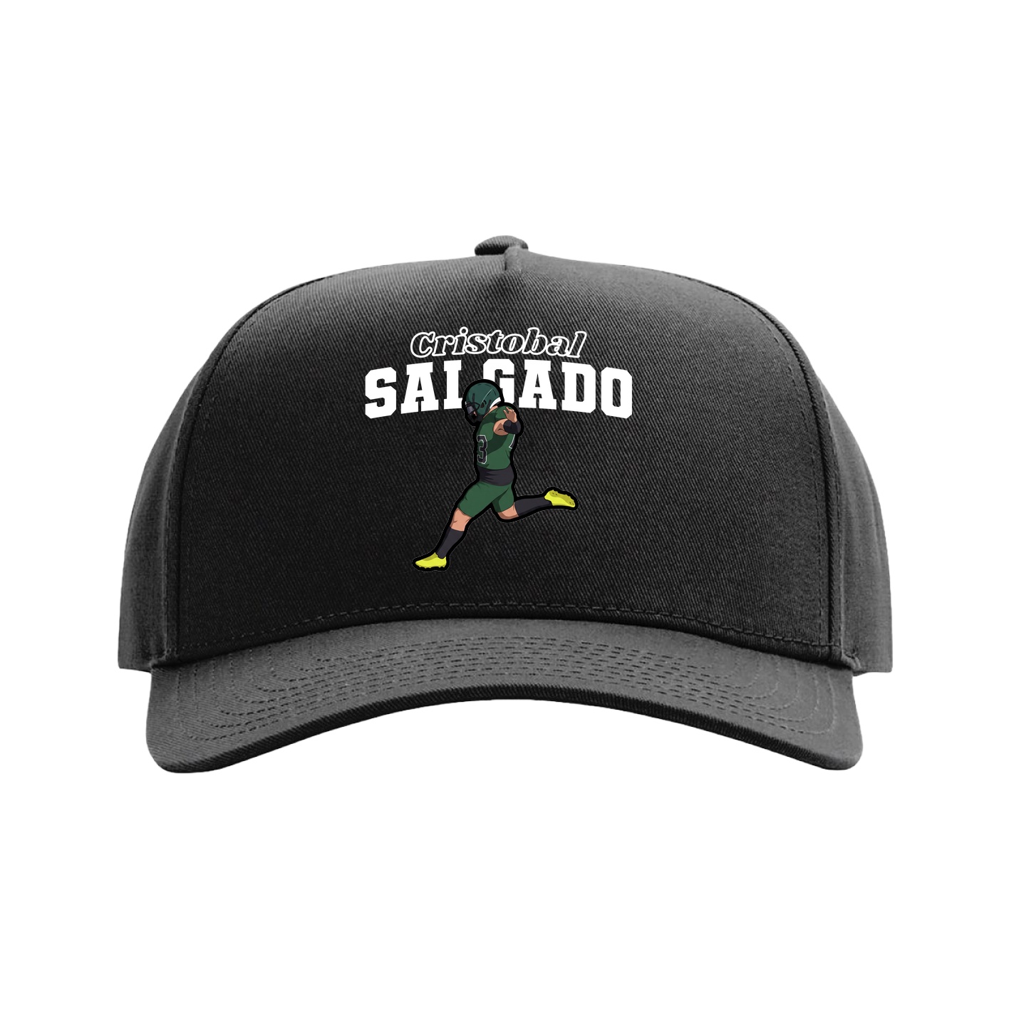 Full Fabric Five-Panel Champ Cap — Name Arch in Black