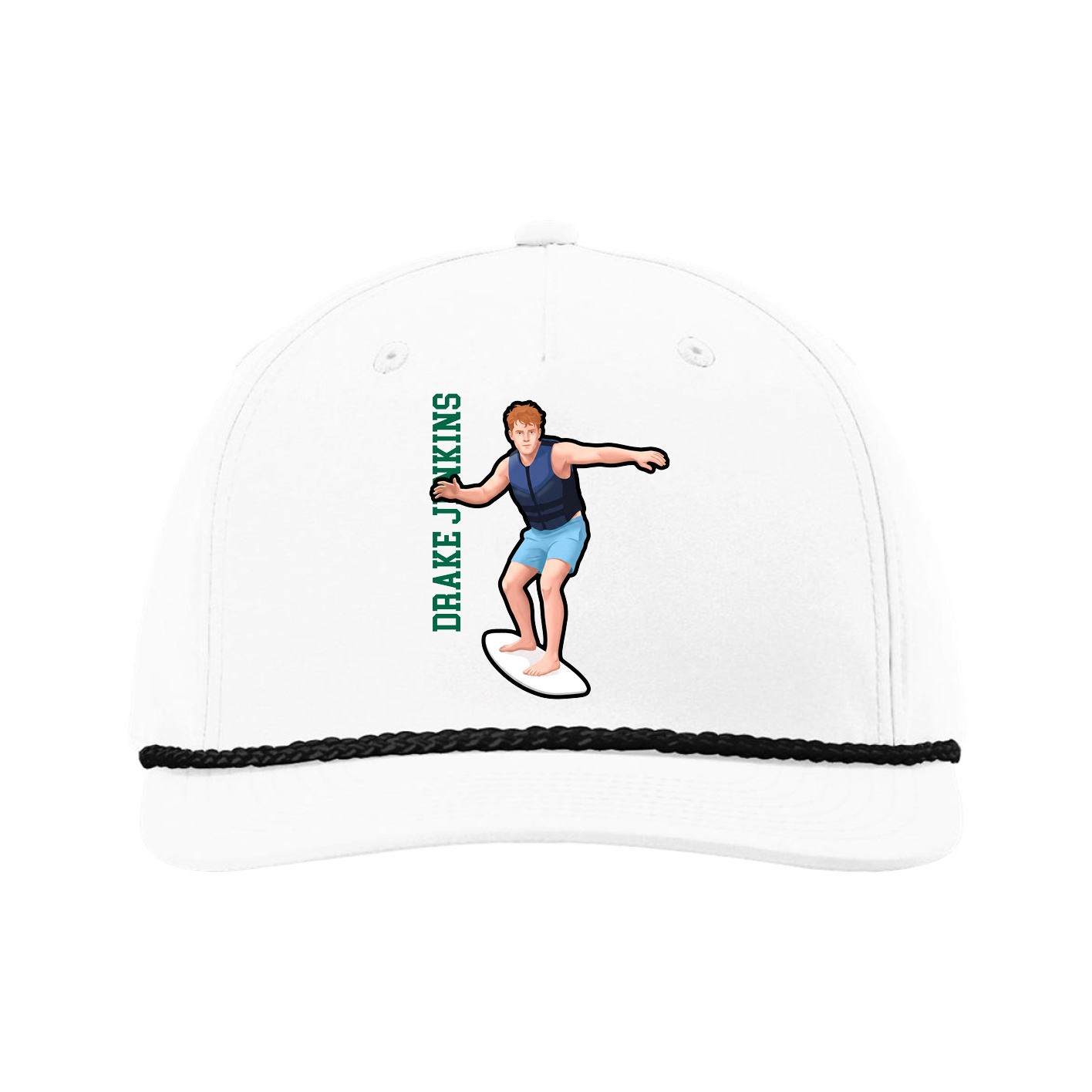 Five-Panel Classic Rope Cap — Name Vertical in White