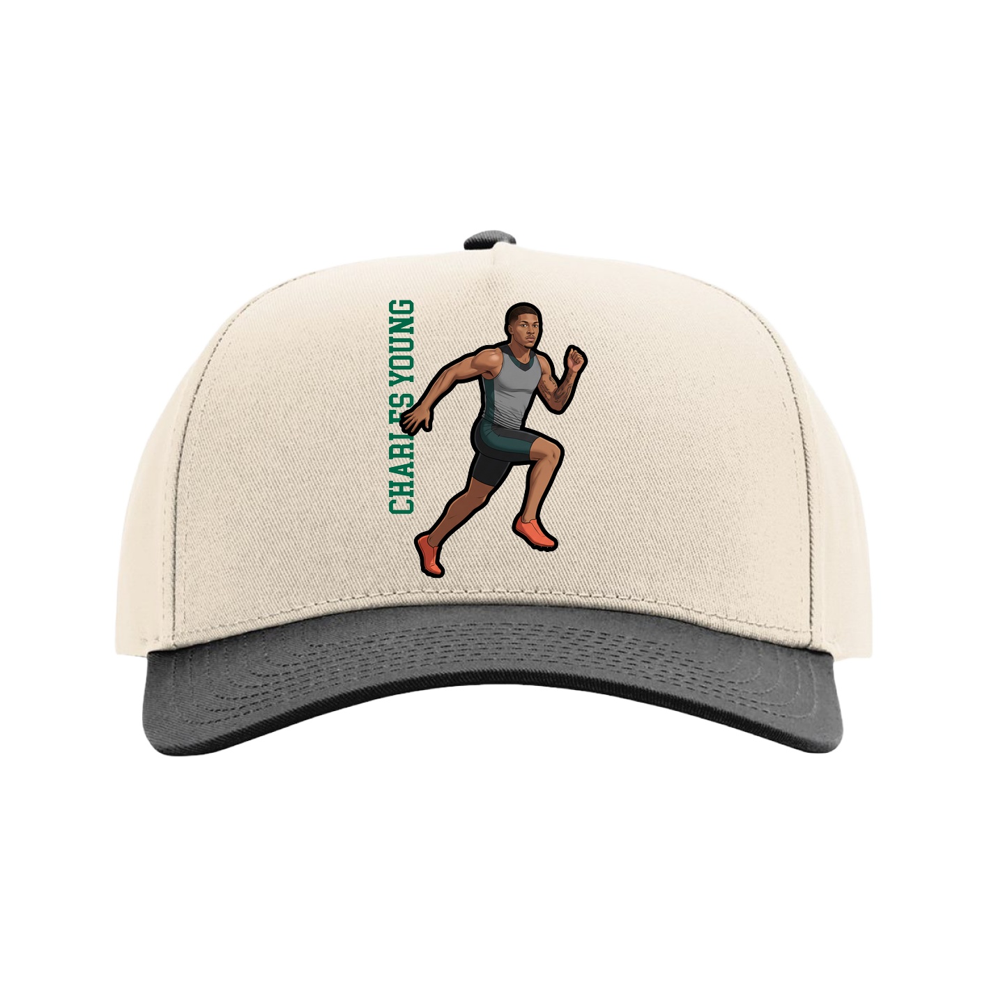 Full Fabric Five-Panel Champ Cap — Name Vertical in Cream/Black