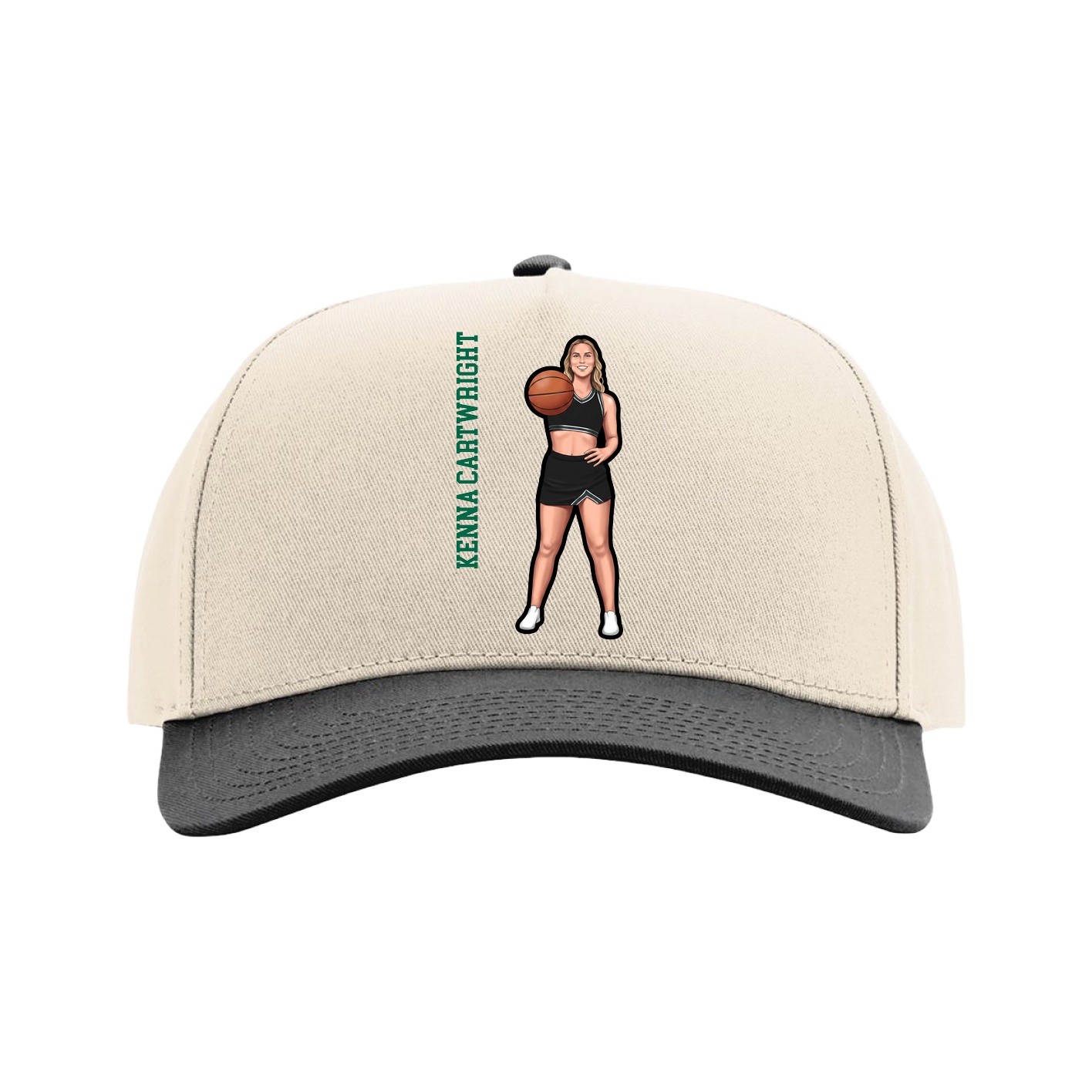 Full Fabric Five-Panel Champ Cap — Name Vertical in Cream/Black