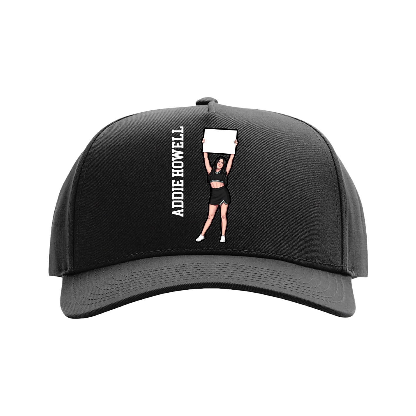 Full Fabric Five-Panel Champ Cap — Name Vertical in Black