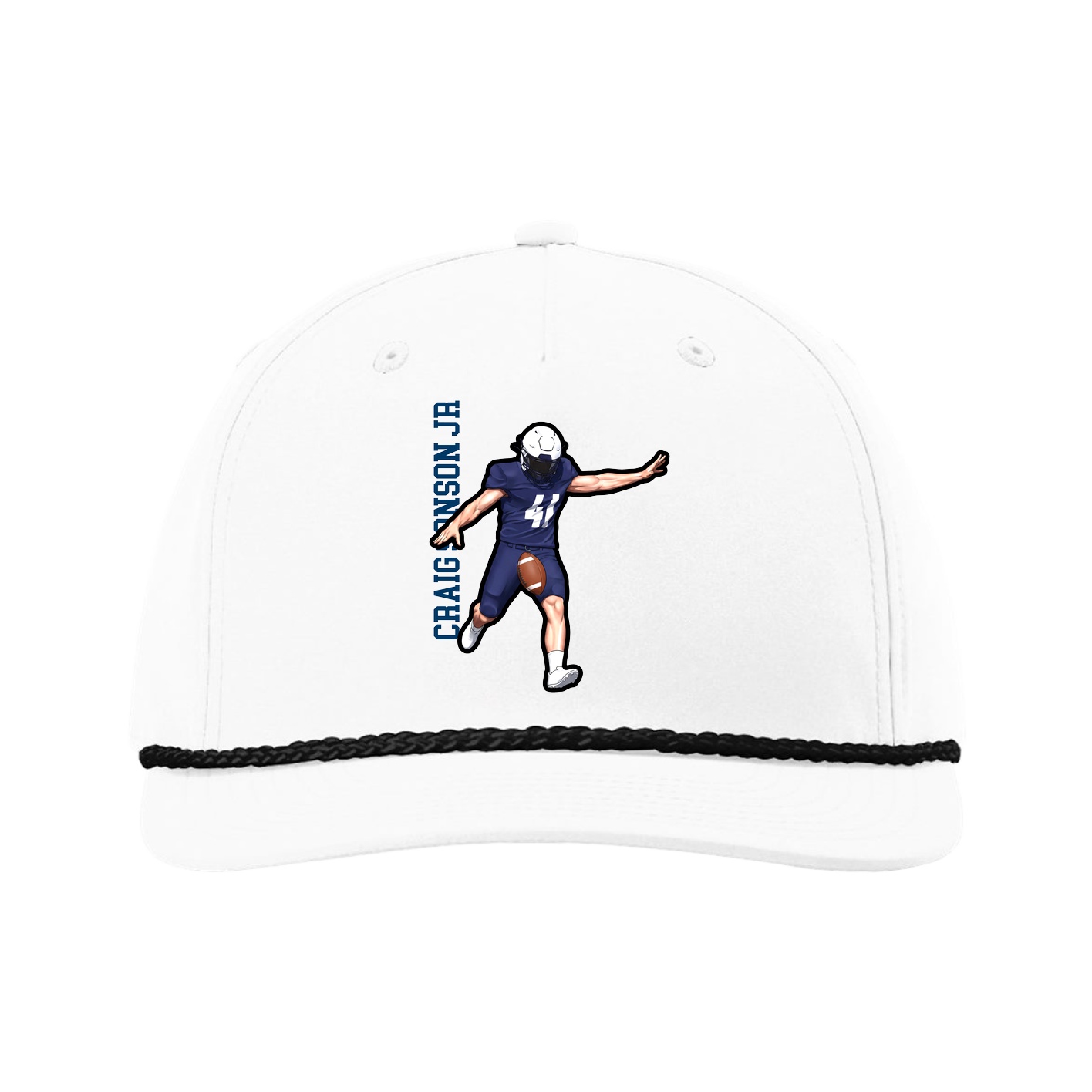 Five-Panel Classic Rope Cap — Name Vertical in White