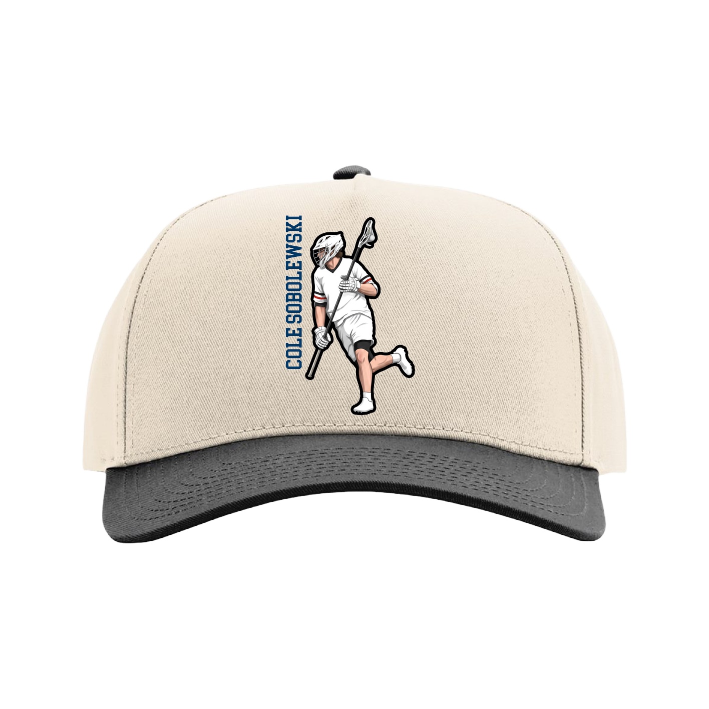 Full Fabric Five-Panel Champ Cap — Name Vertical in Cream/Black