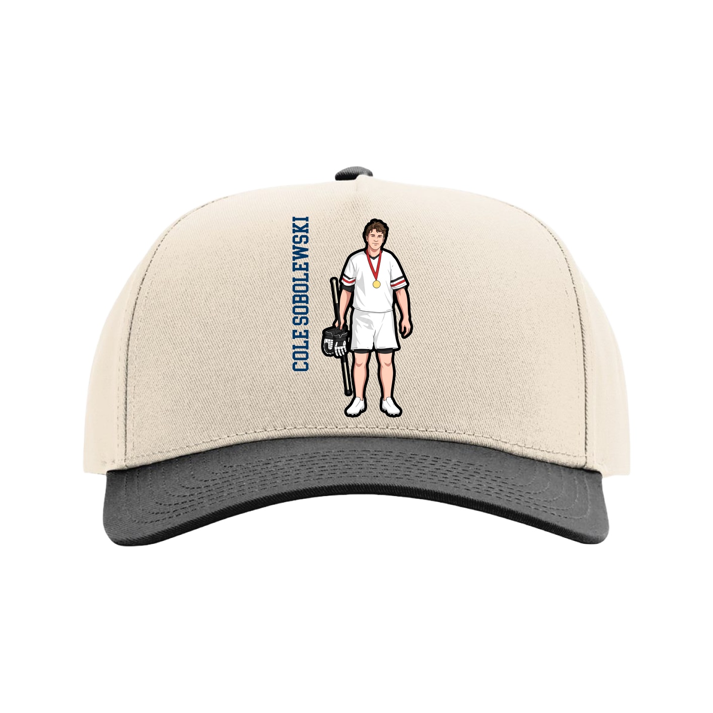 Full Fabric Five-Panel Champ Cap — Name Vertical in Cream/Black