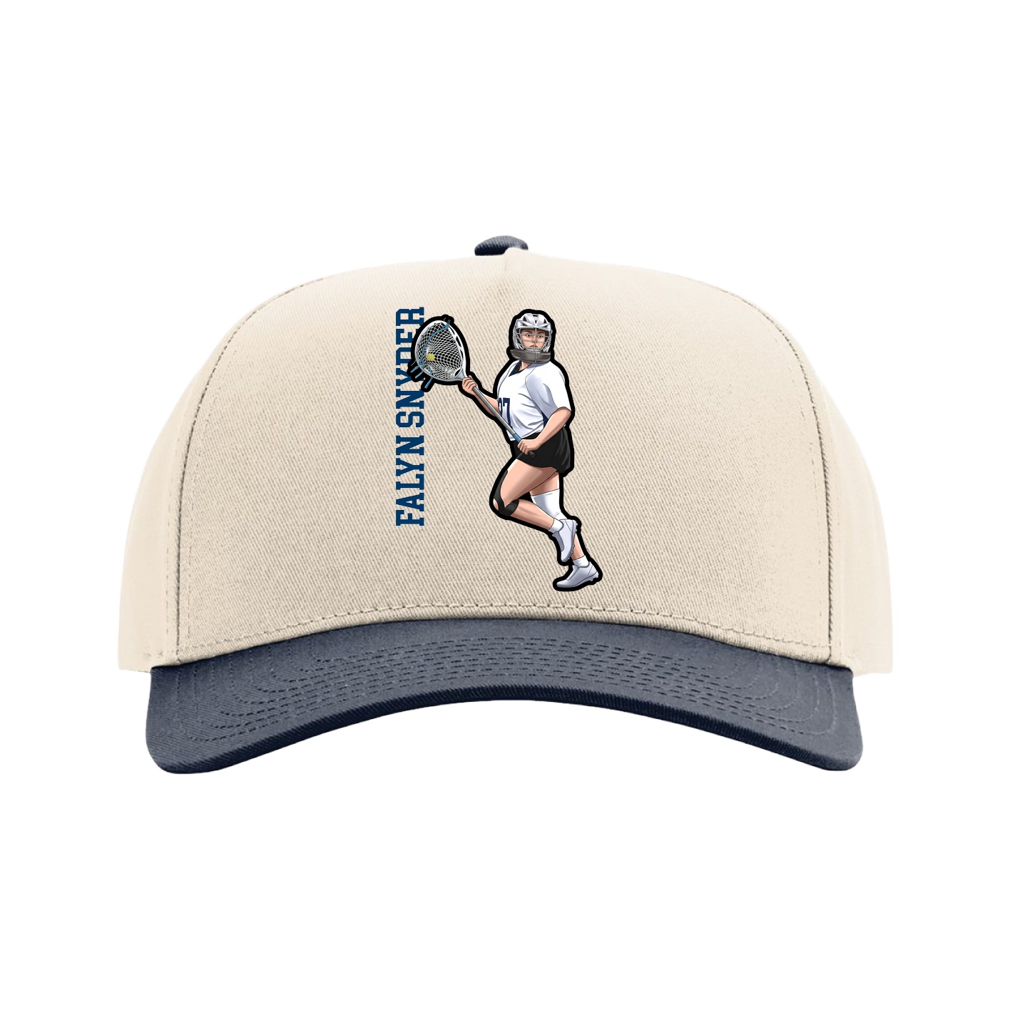 Full Fabric Five-Panel Champ Cap — Name Vertical in Cream/Navy