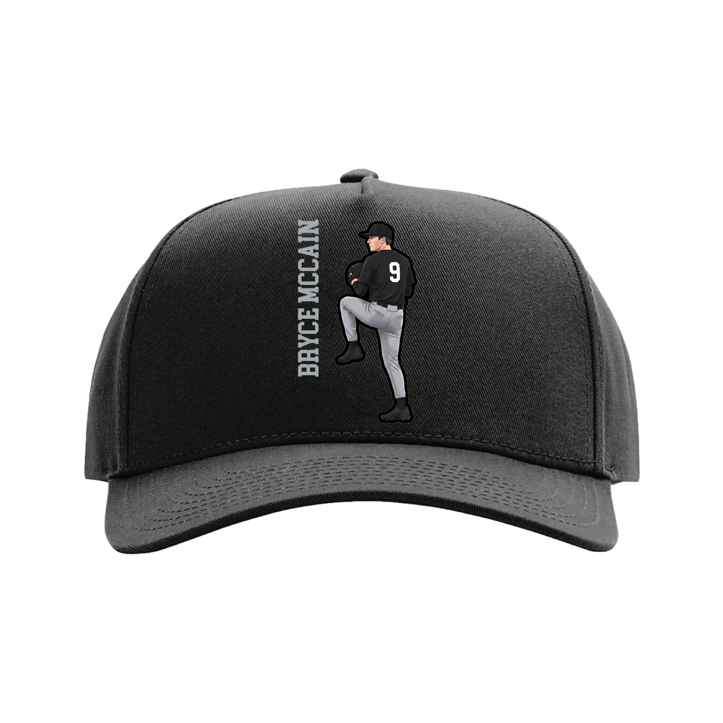 Full Fabric Five-Panel Champ Cap — Name Vertical in Black