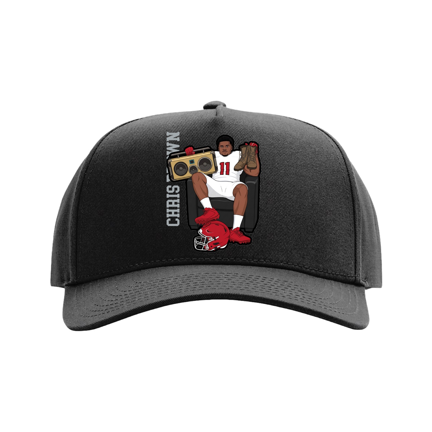 Full Fabric Five-Panel Champ Cap — Name Vertical in Black