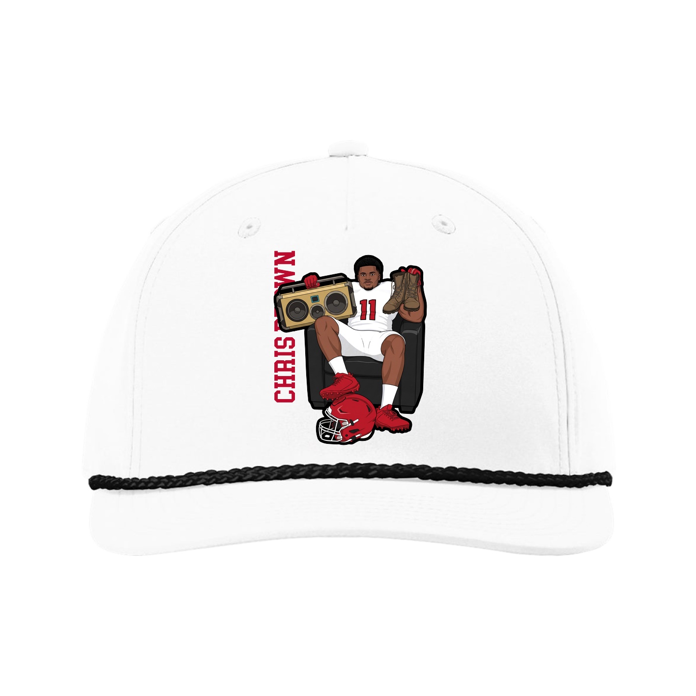 Five-Panel Classic Rope Cap — Name Vertical in White