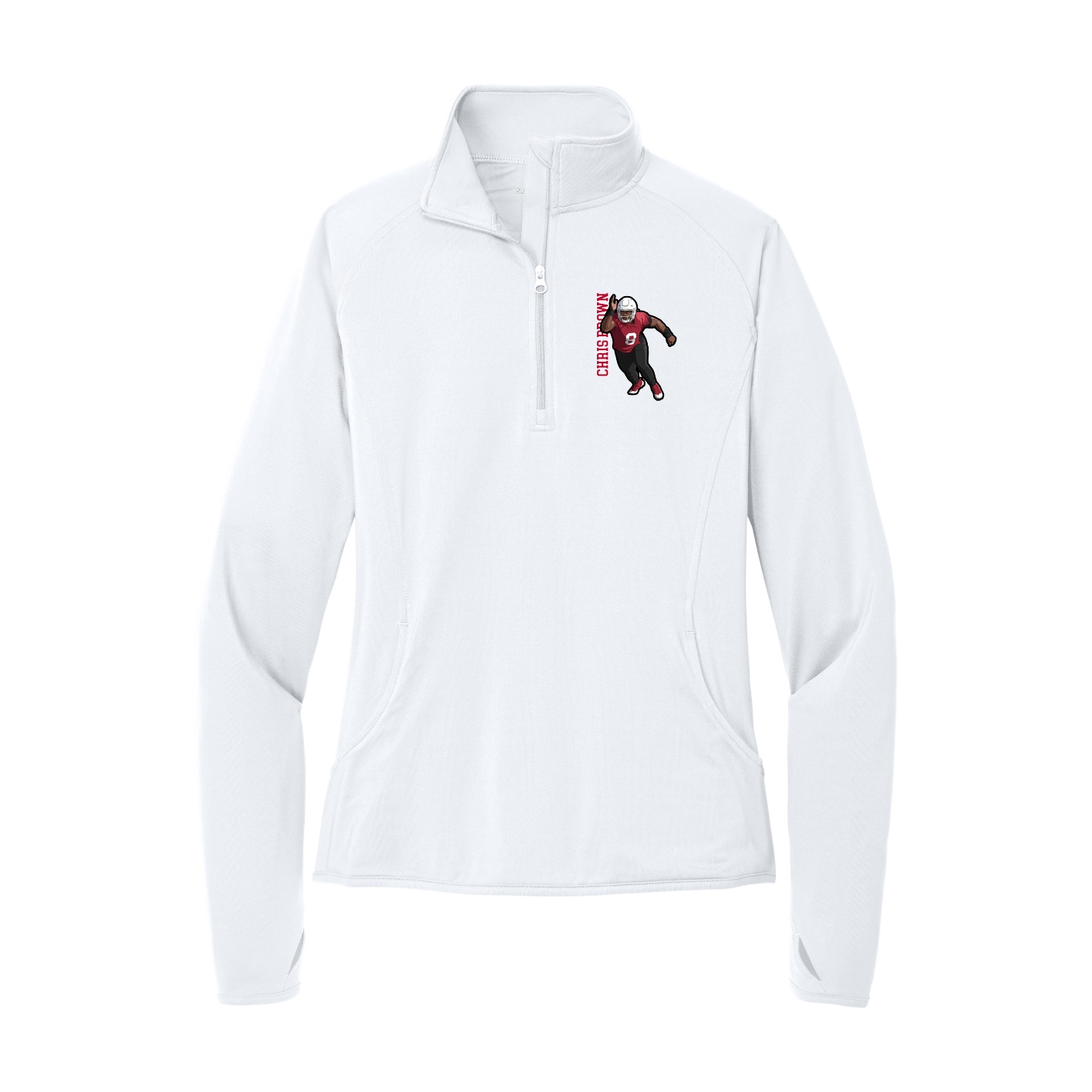 Women's Q-Zip Pullover — Name Vertical in White