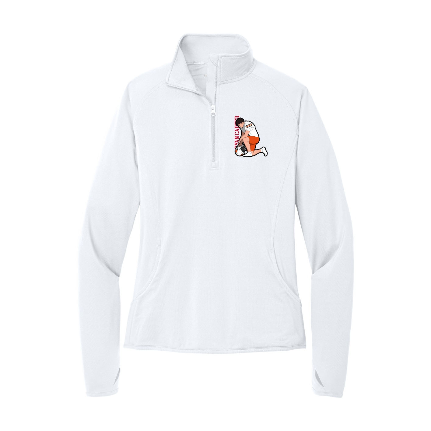 Women's Q-Zip Pullover — Name Vertical in White