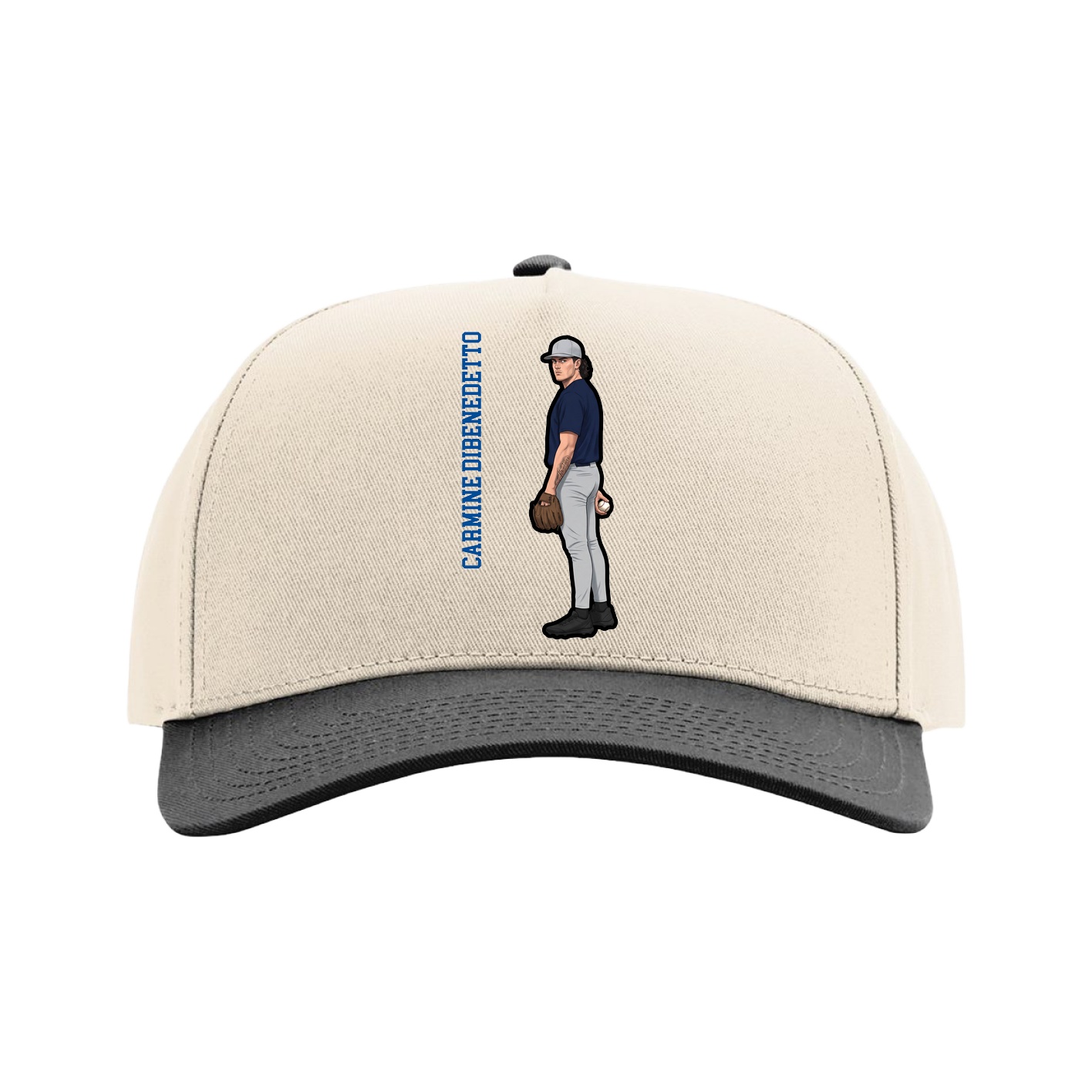 Full Fabric Five-Panel Champ Cap — Name Vertical in Cream/Black