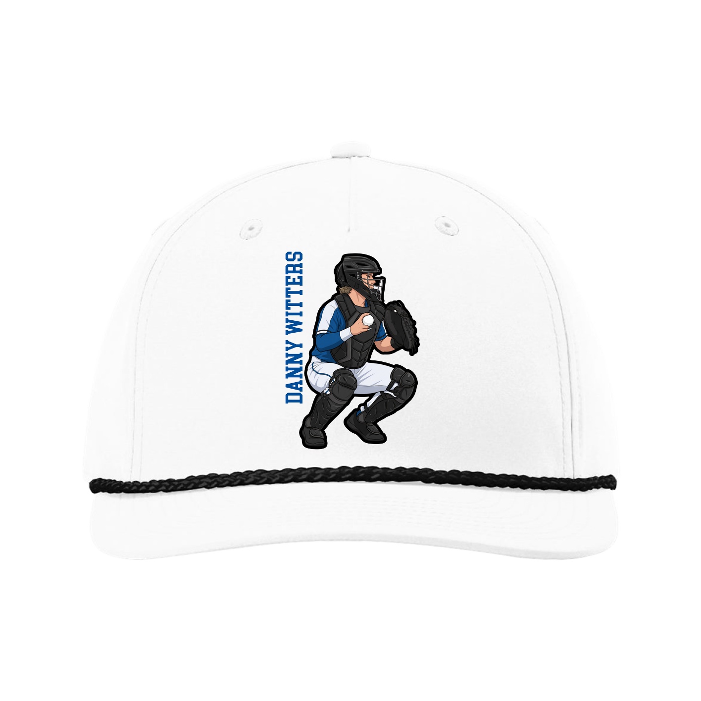 Five-Panel Classic Rope Cap — Name Vertical in White