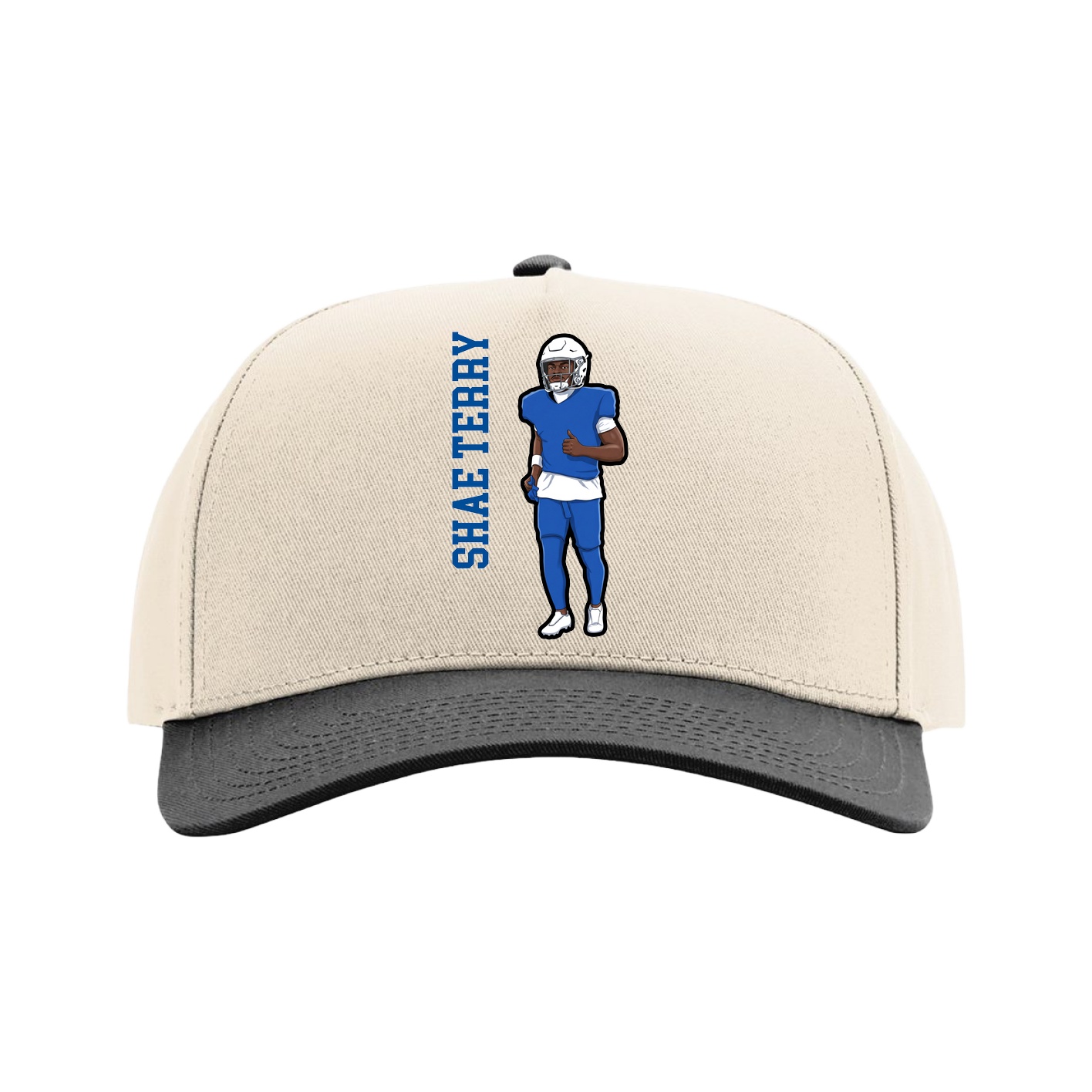 Full Fabric Five-Panel Champ Cap — Name Vertical in Cream/Black