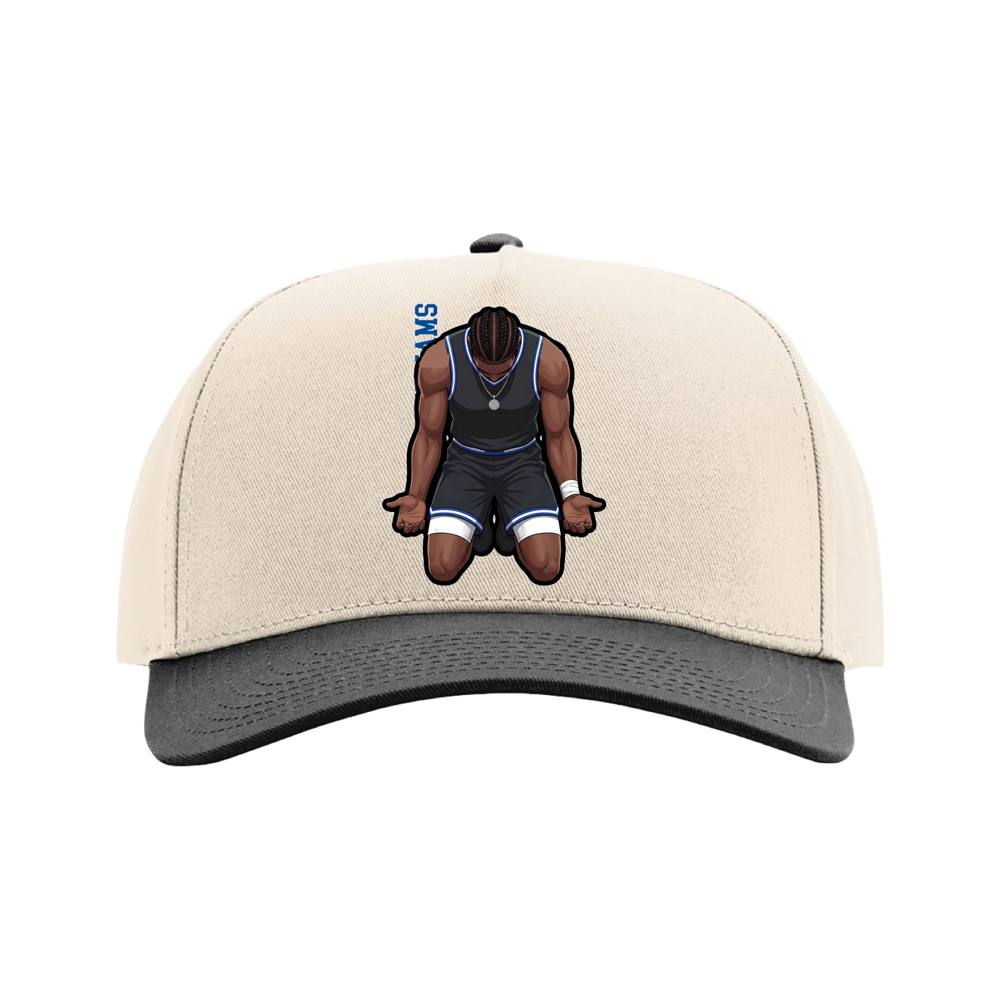 Full Fabric Five-Panel Champ Cap — Name Vertical in Cream/Black