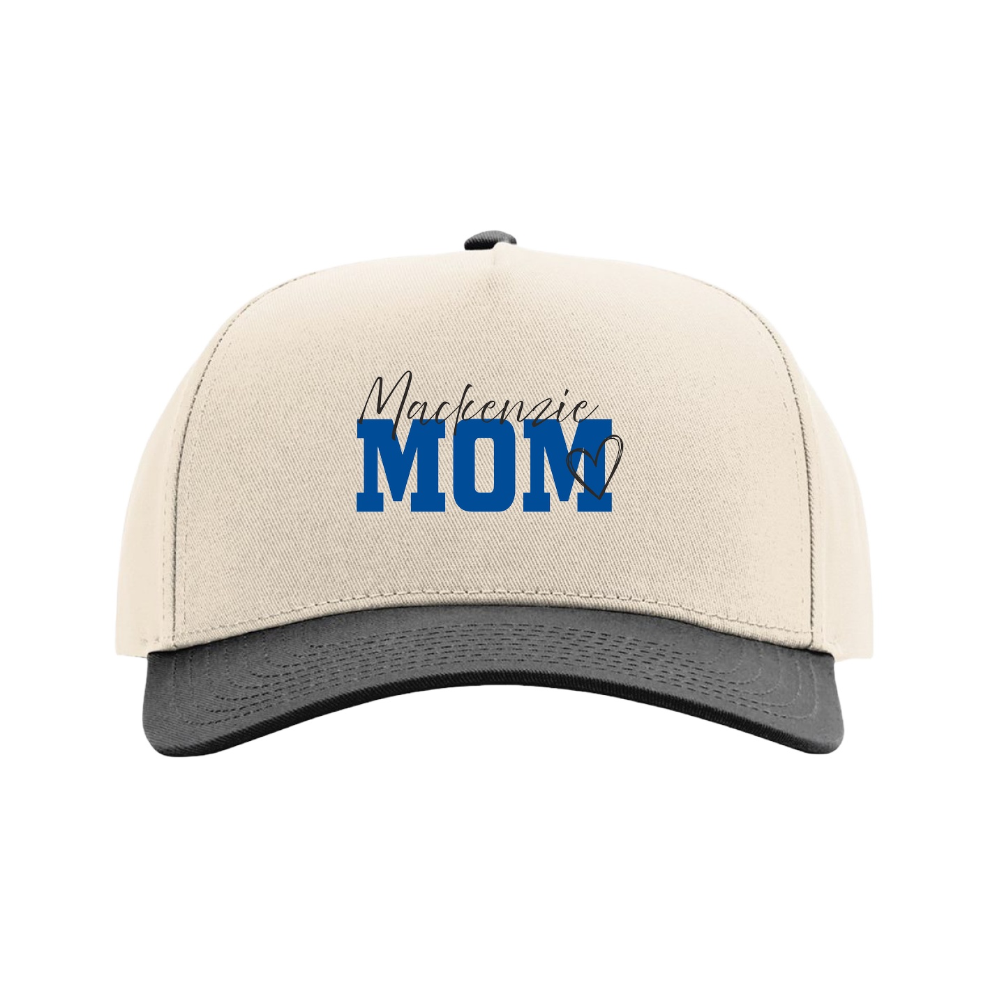 Full Fabric Five-Panel Champ Cap — Mothers Day Script in Cream/Black