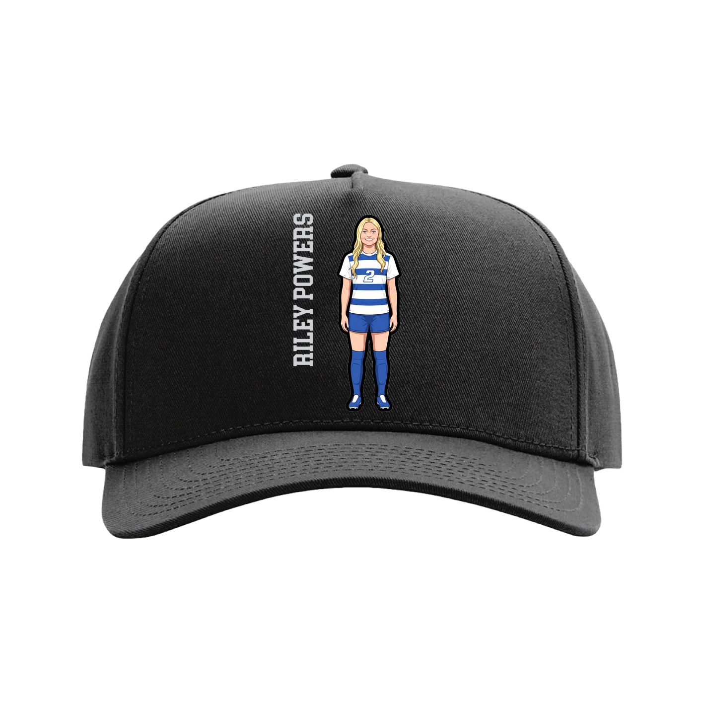 Full Fabric Five-Panel Champ Cap — Name Vertical in Black