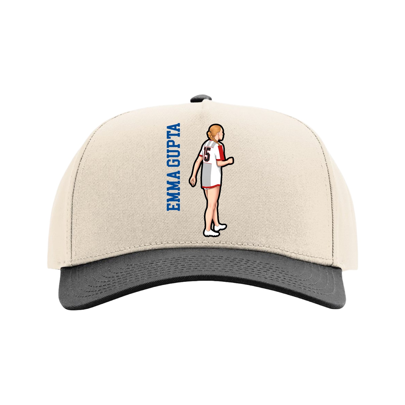 Full Fabric Five-Panel Champ Cap — Name Vertical in Cream/Black