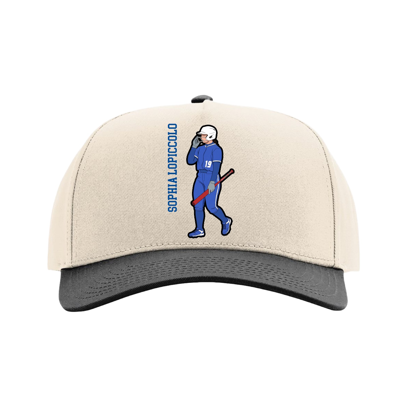 Full Fabric Five-Panel Champ Cap — Name Vertical in Cream/Black