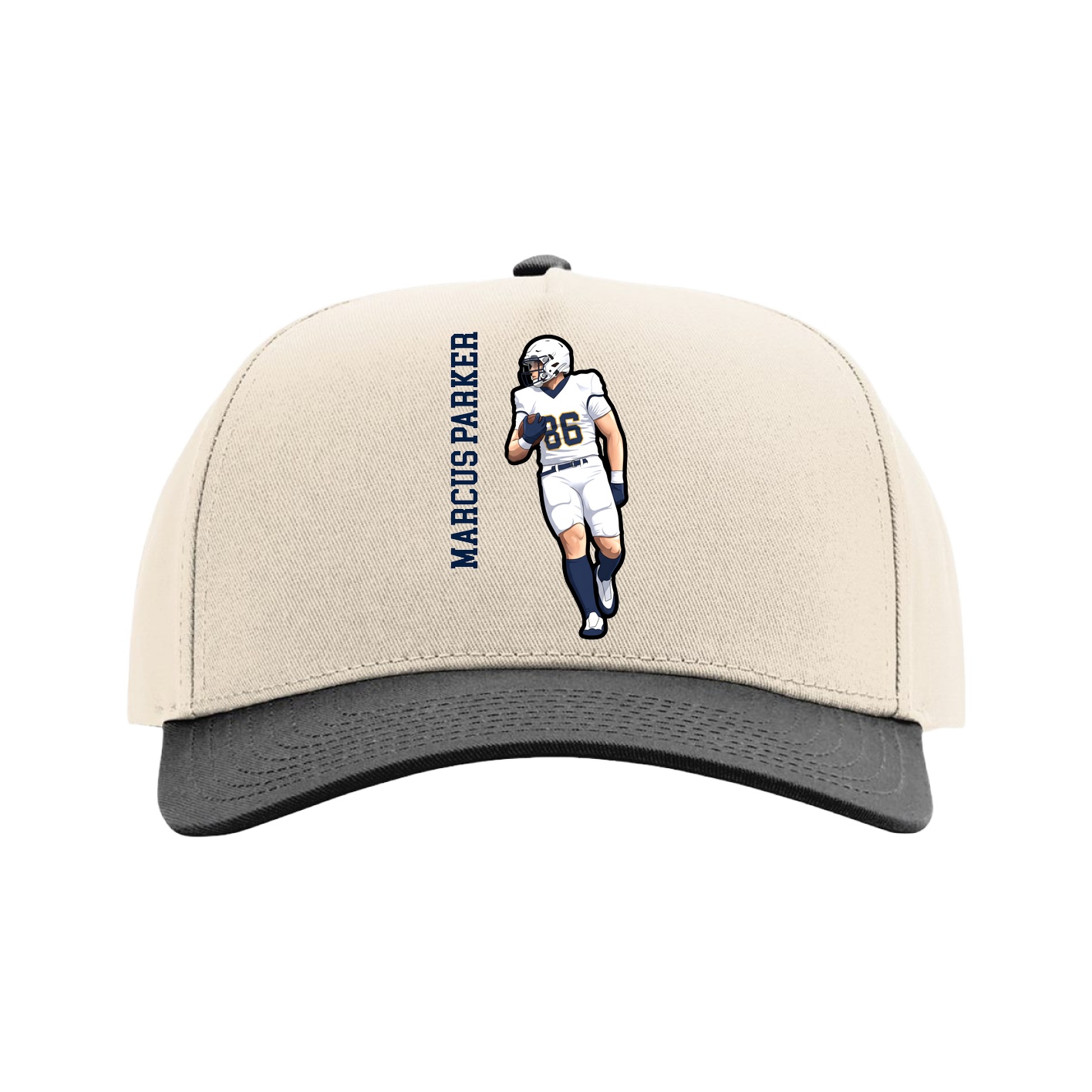 Full Fabric Five-Panel Champ Cap — Name Vertical in Cream/Black