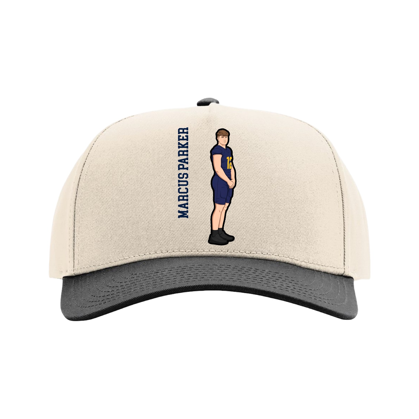 Full Fabric Five-Panel Champ Cap — Name Vertical in Cream/Black