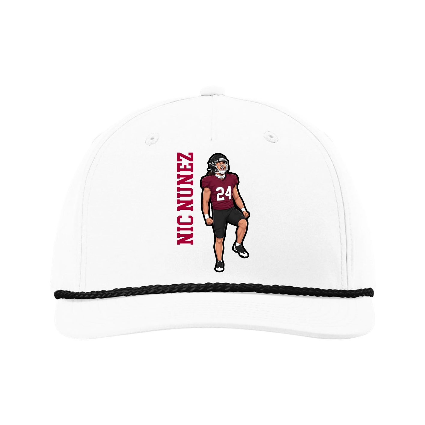 Five-Panel Classic Rope Cap — Name Vertical in White
