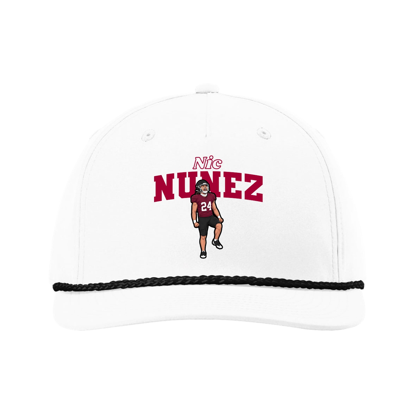 Five-Panel Classic Rope Cap — Name Arch in White