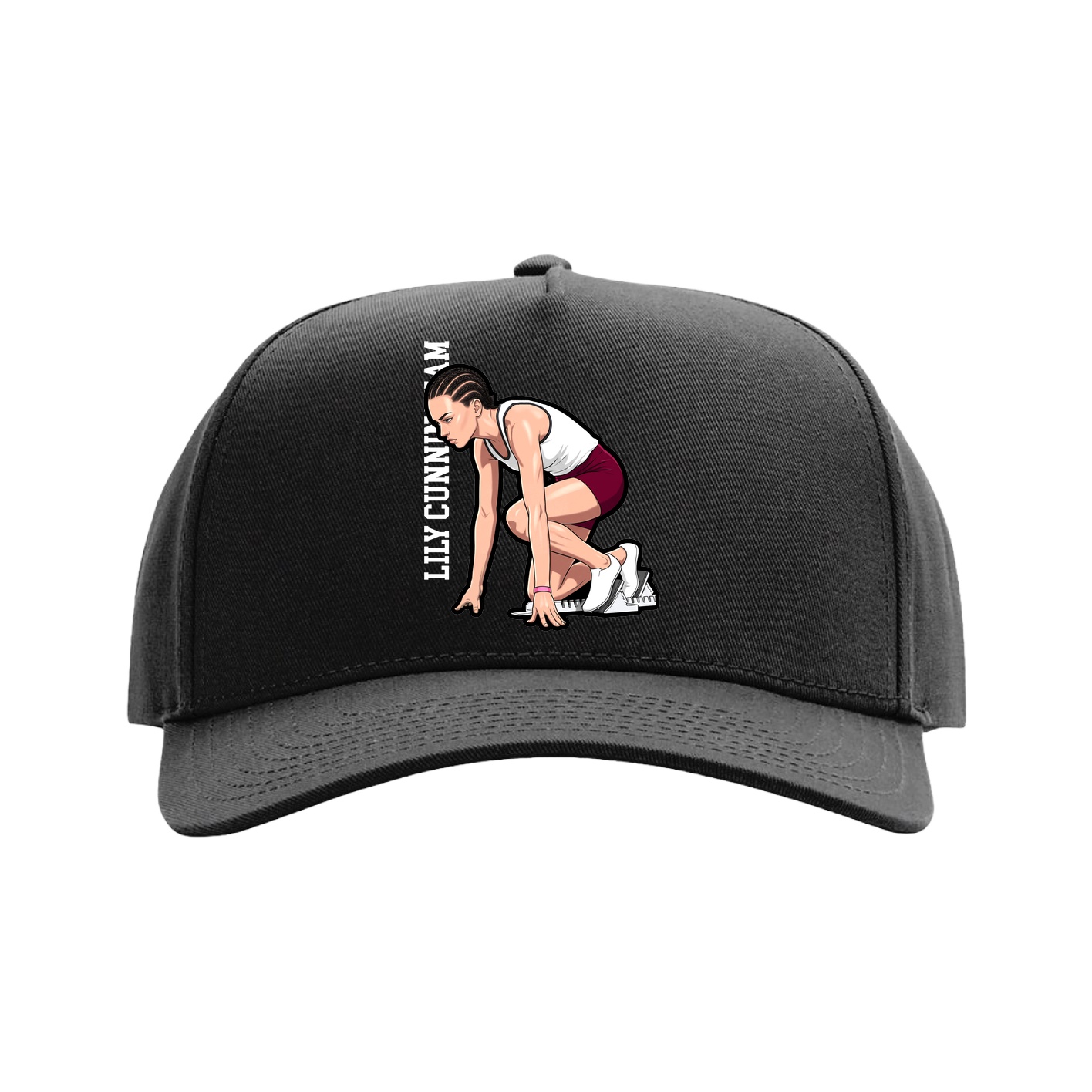 Full Fabric Five-Panel Champ Cap — Name Vertical in Black