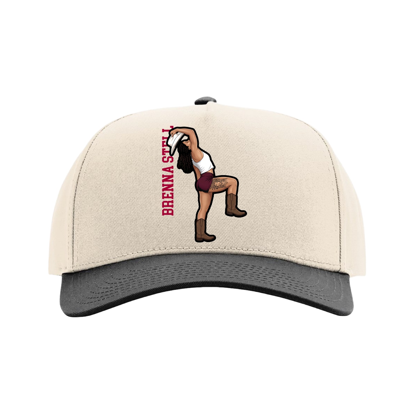 Full Fabric Five-Panel Champ Cap — Name Vertical in Cream/Black