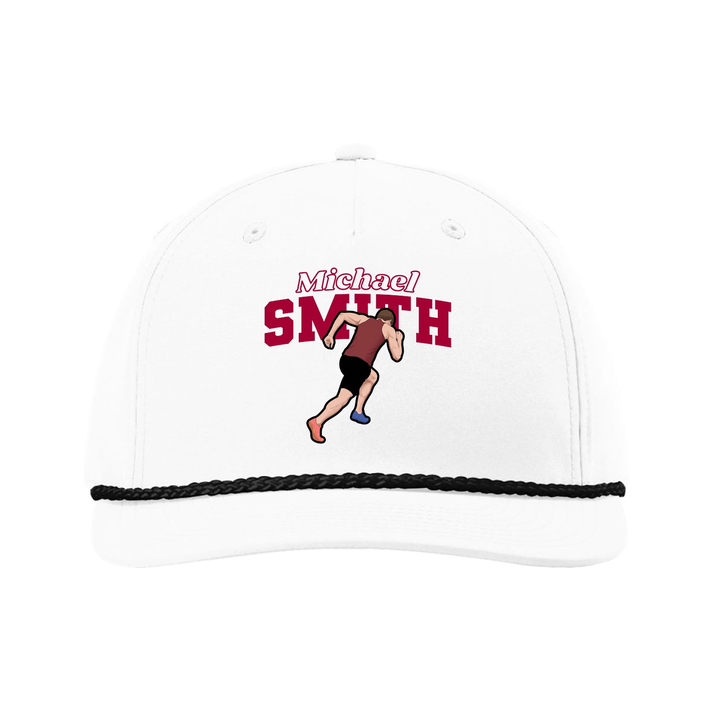 Five-Panel Classic Rope Cap — Name Arch in White
