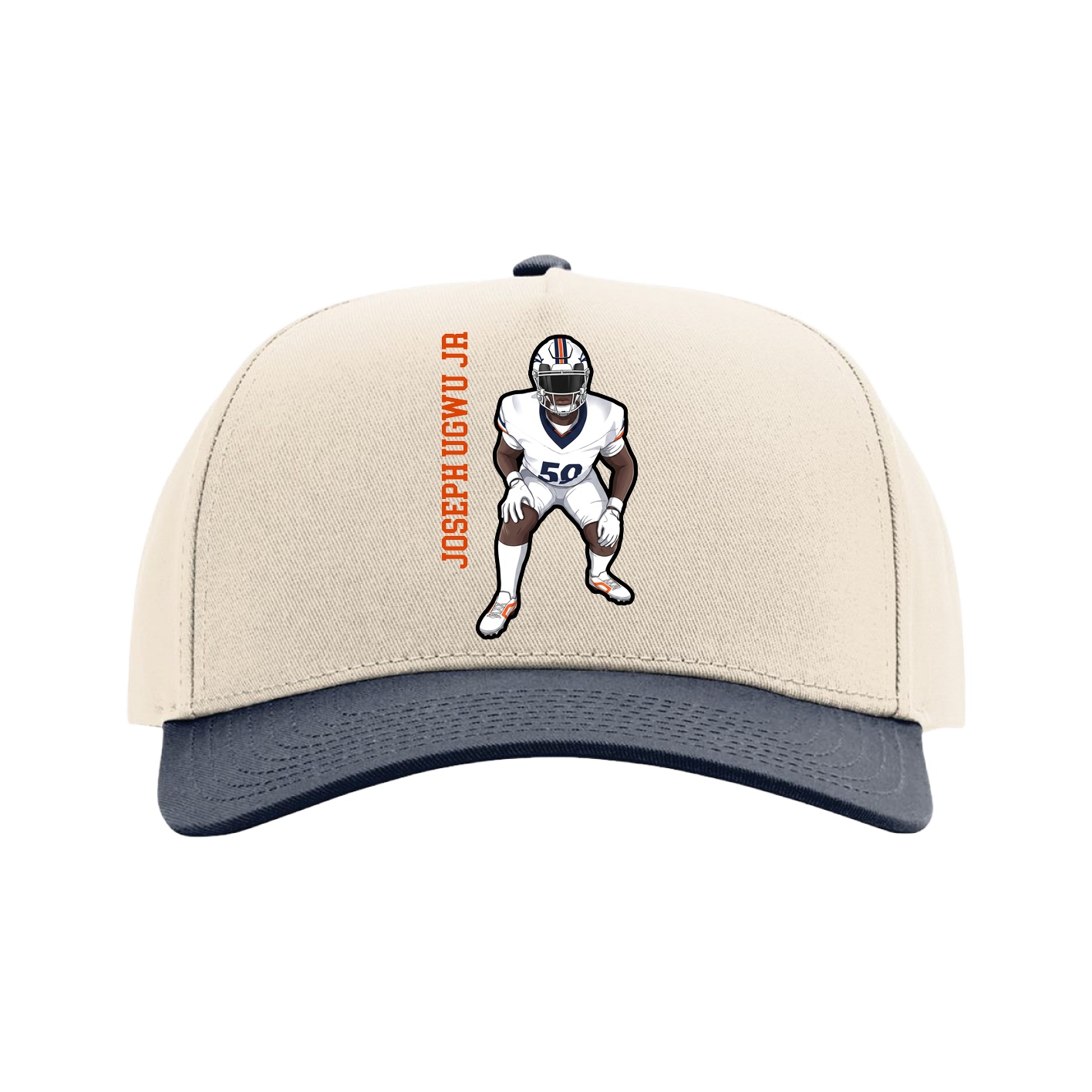 Full Fabric Five-Panel Champ Cap — Name Vertical in Cream/Navy