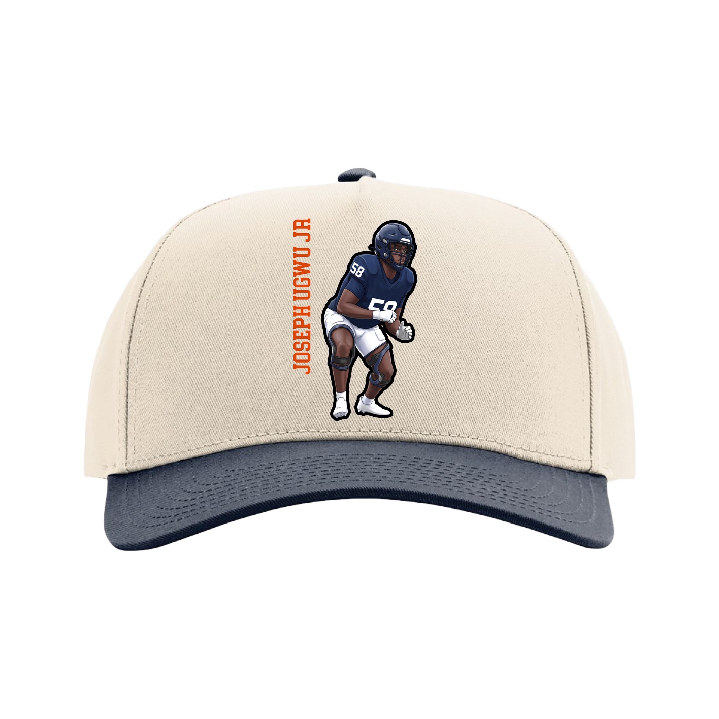 Full Fabric Five-Panel Champ Cap — Name Vertical in Cream/Navy