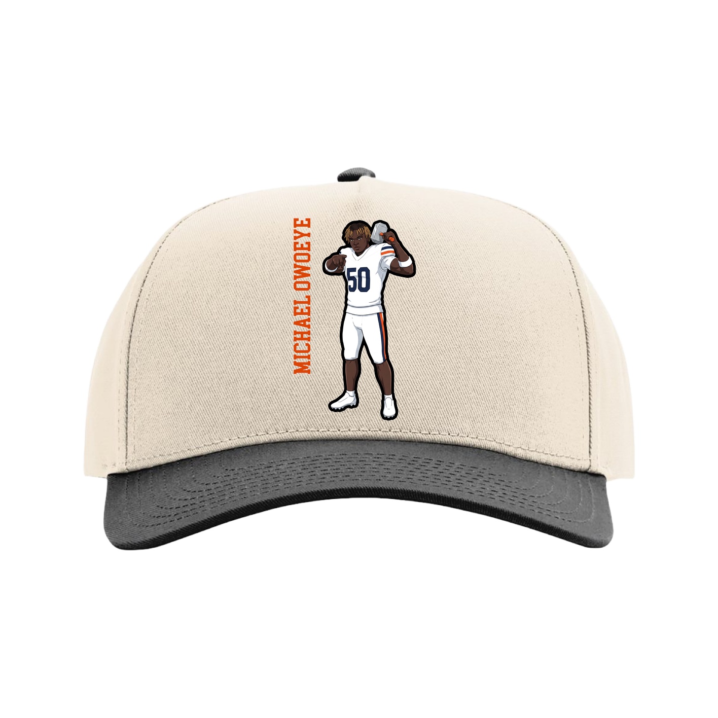 Full Fabric Five-Panel Champ Cap — Name Vertical in Cream/Black