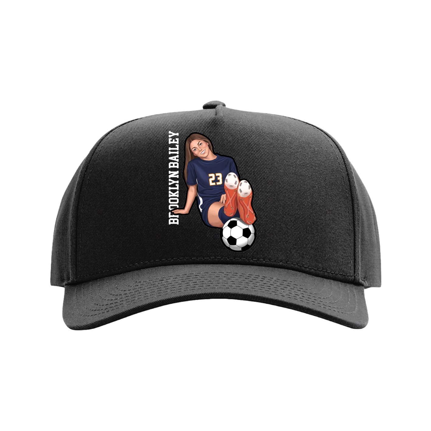 Full Fabric Five-Panel Champ Cap — Name Vertical in Black