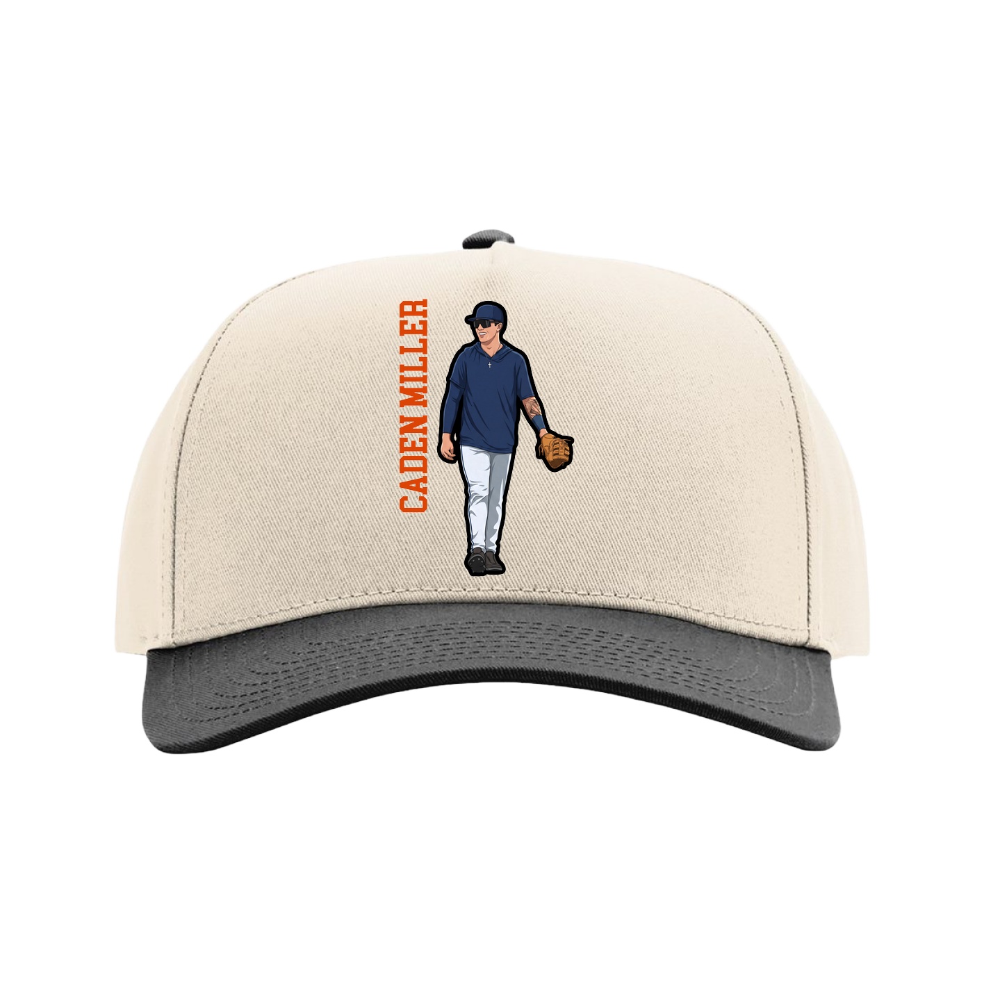 Full Fabric Five-Panel Champ Cap — Name Vertical in Cream/Black