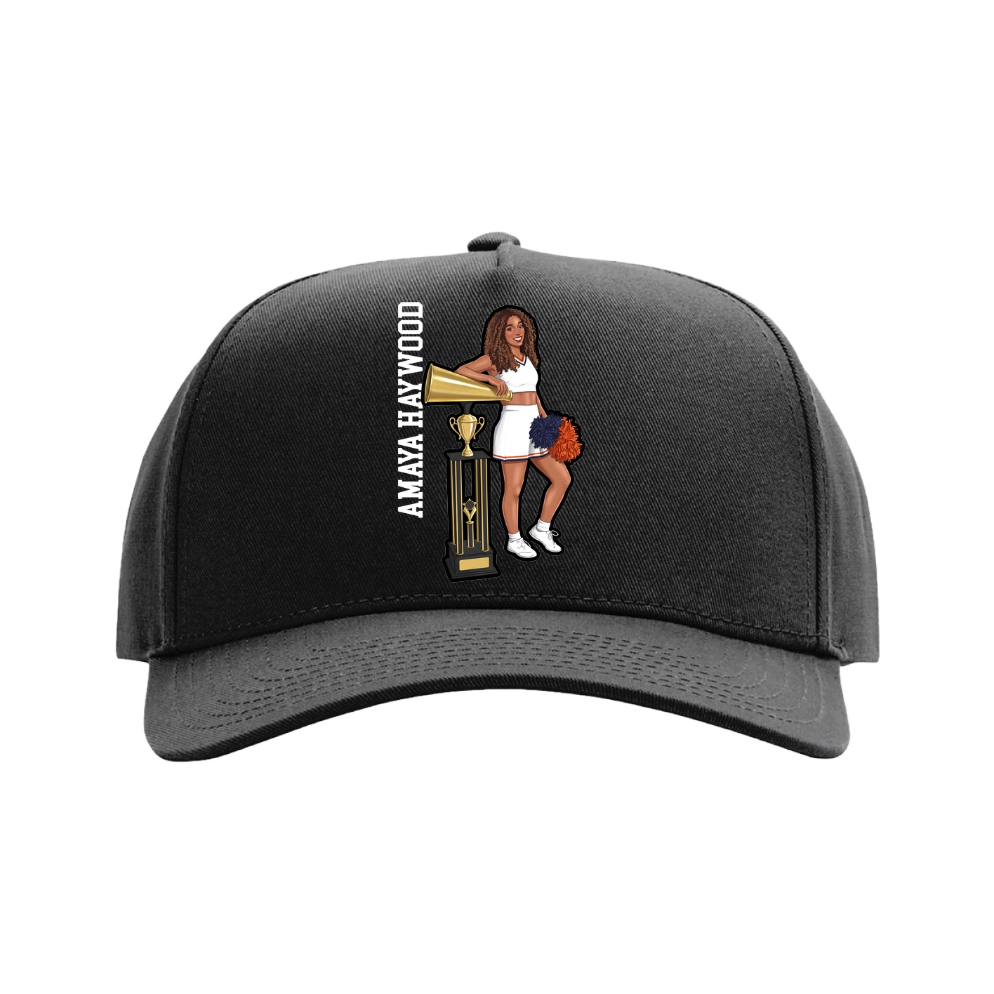 Full Fabric Five-Panel Champ Cap — Name Vertical in Black