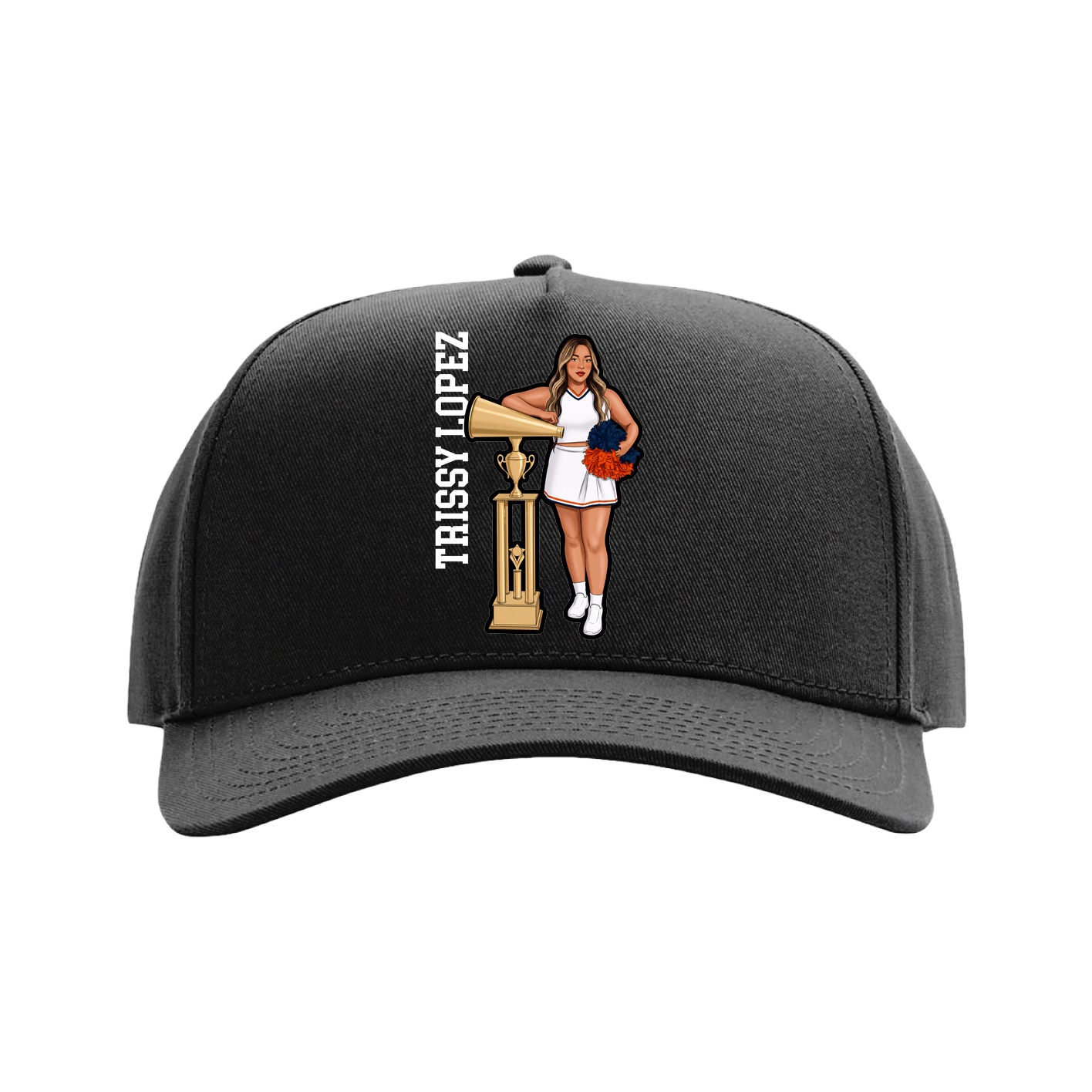 Full Fabric Five-Panel Champ Cap — Name Vertical in Black