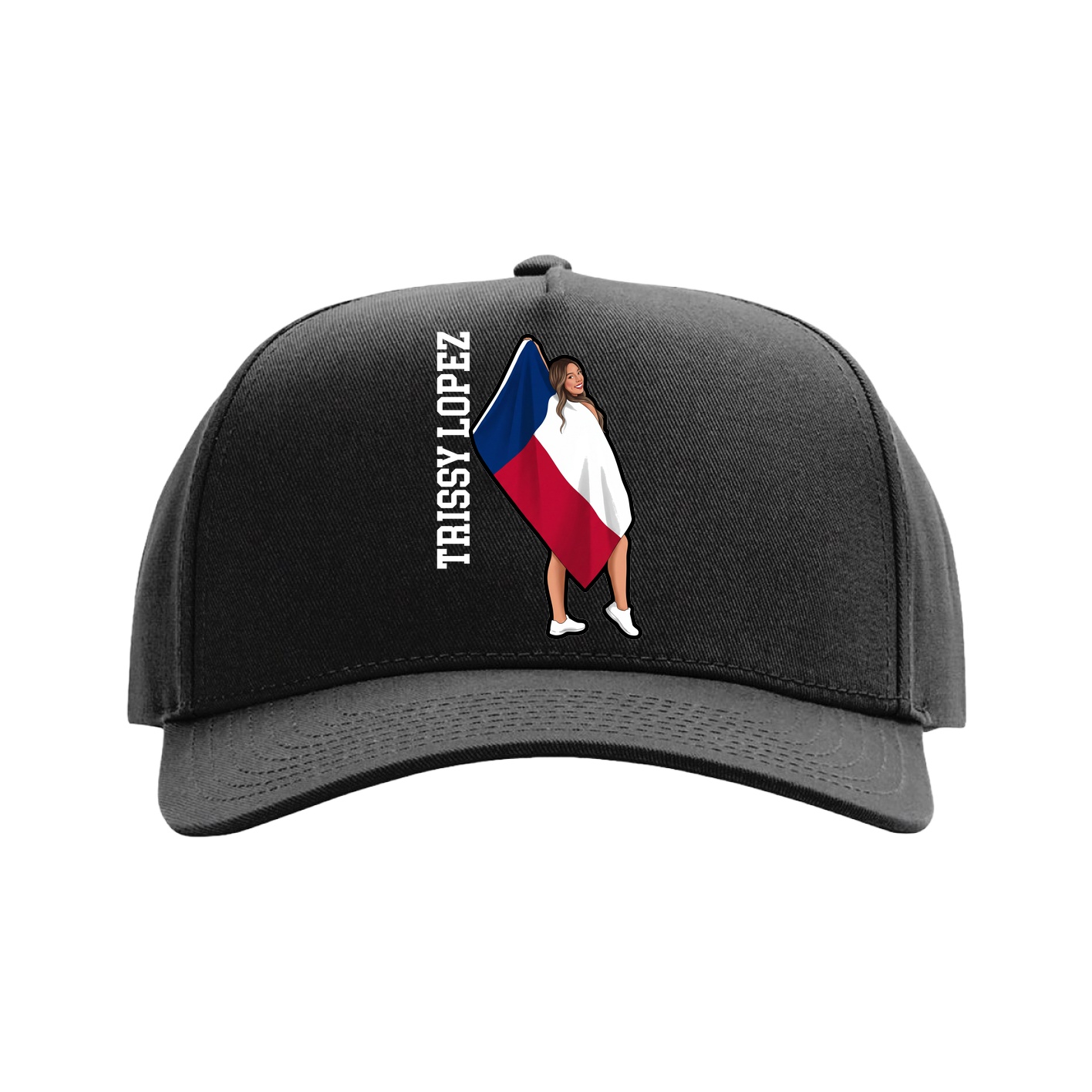 Full Fabric Five-Panel Champ Cap — Name Vertical in Black