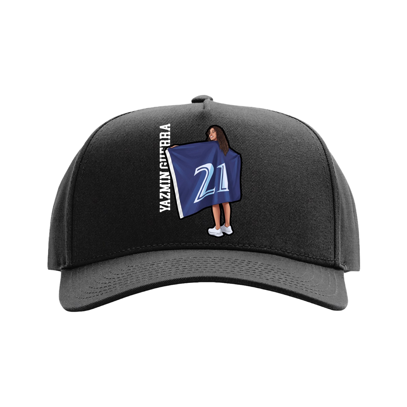 Full Fabric Five-Panel Champ Cap — Name Vertical in Black