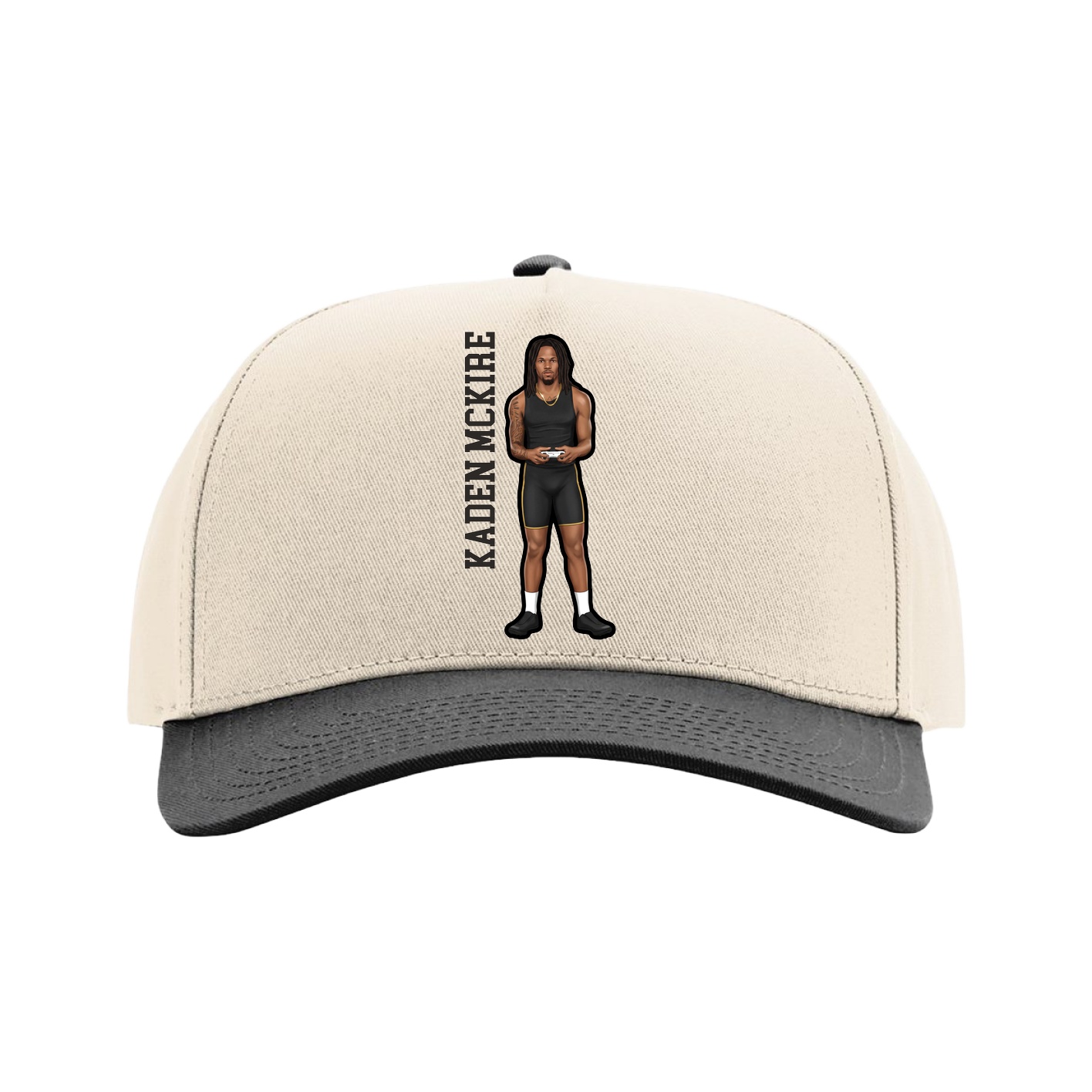Full Fabric Five-Panel Champ Cap — Name Vertical in Cream/Black