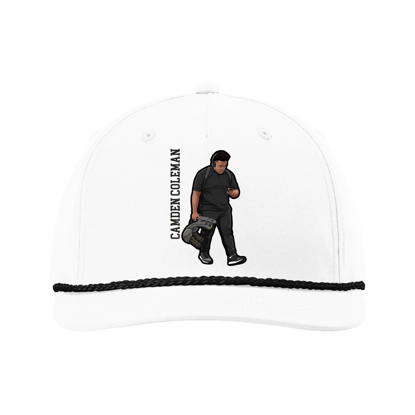 Five-Panel Classic Rope Cap — Name Vertical in White